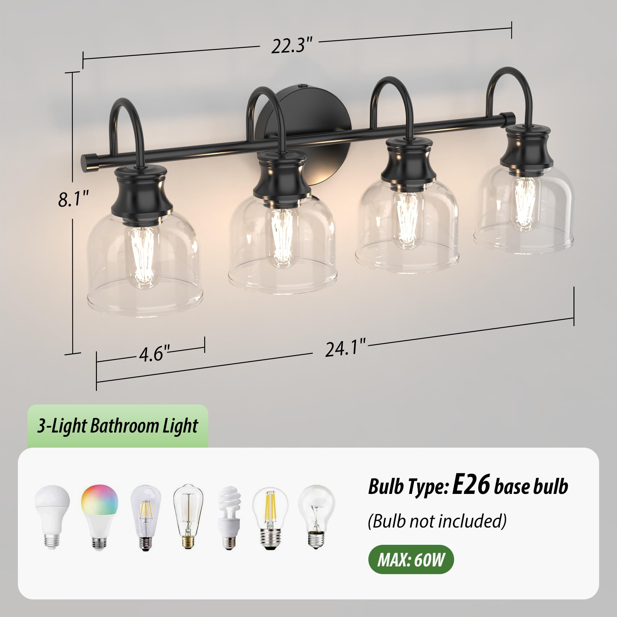3-Light Bathroom Light

Bulb Type: E26 base bulb (Bulb not included)

MAX: 60W

Dimensions:
- Width: 24.1"
- Height: 8.1"
- Depth: 4.6"
- Overall Length: 22.3"
