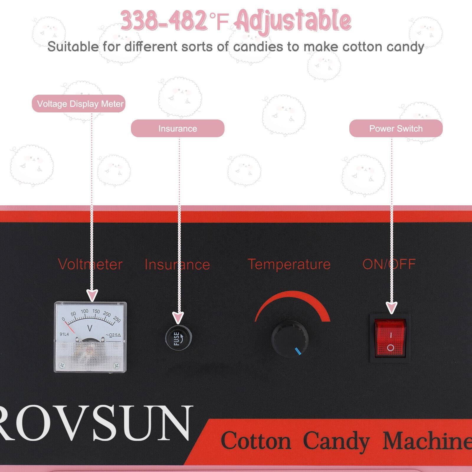 338-482°F Adjustable  
Suitable for different sorts of candies to make cotton candy  

Voltage Display Meter  
Insurance  
Power Switch  

Voltmeter  
Insurance  
Temperature  
ON/OFF  

ROVSUN  
Cotton Candy Machine