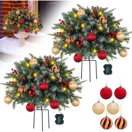 Front. RTMB - 26" Pre-Lit Artificial Christmas Tree Urn Filler w/ Pine Cones & Ornaments - Classic Green.