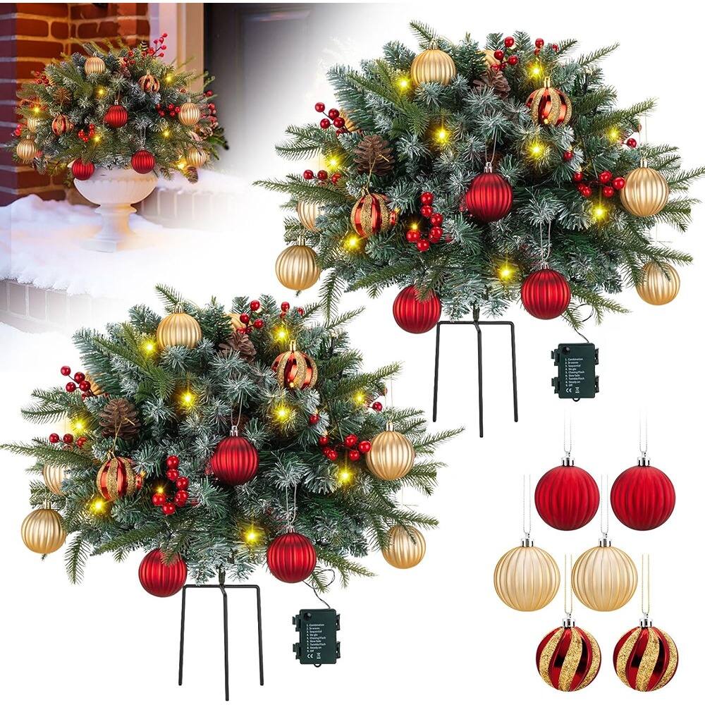 Front. RTMB - 26" Pre-Lit Artificial Christmas Tree Urn Filler w/ Pine Cones & Ornaments - Classic Green.