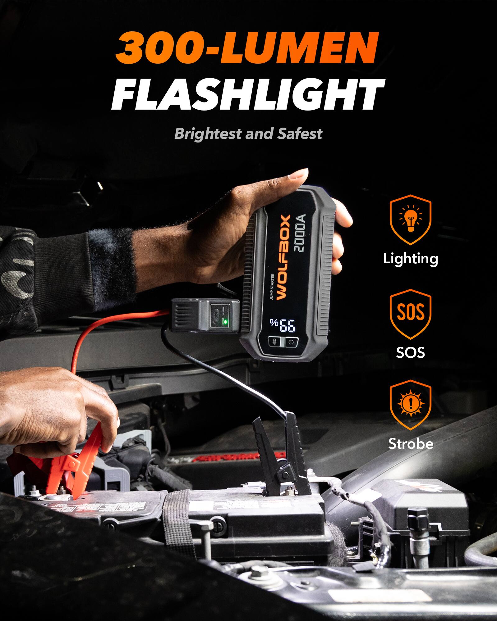 300-LUMEN FLASHLIGHT  
Brightest and Safest  

- Lighting  
- SOS  
- SOS  
- Strobe