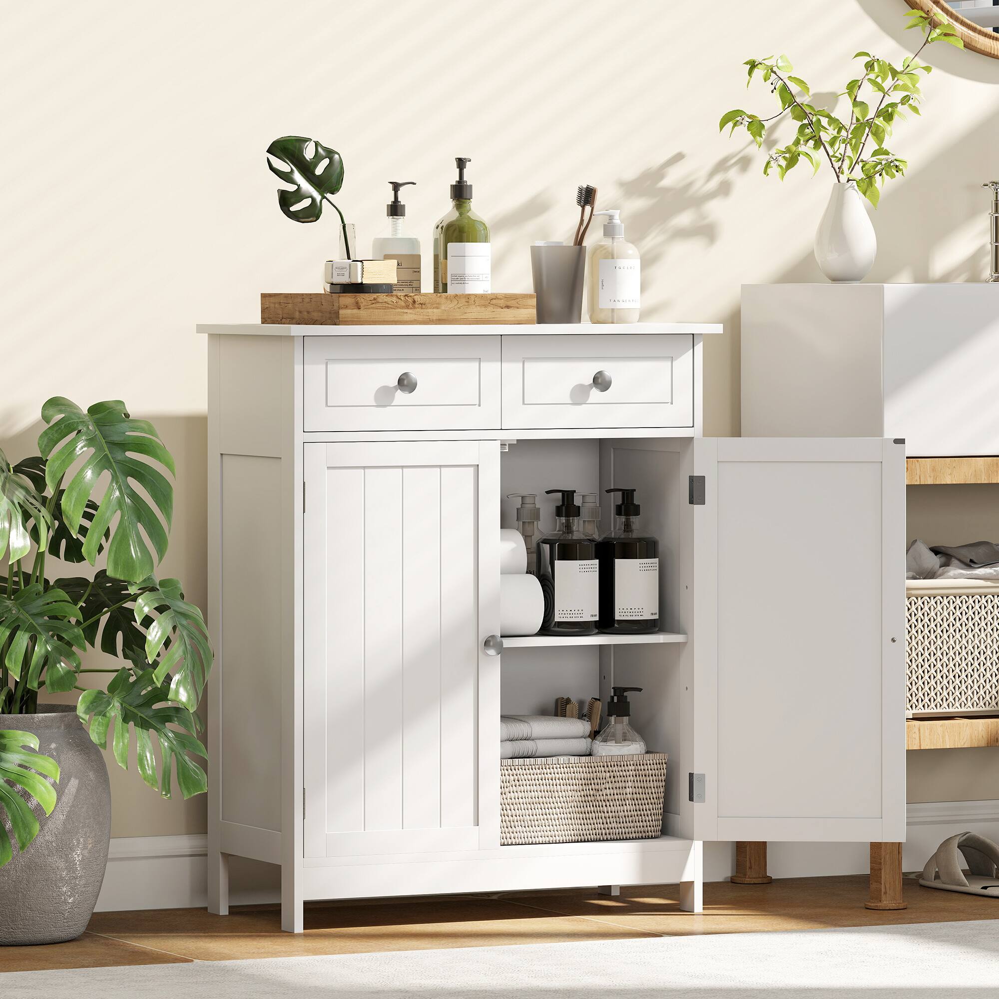 Alt View 1. Kleankin - Freestanding Bathroom Floor Cabinet, Wooden Bathroom Cabinet with 2 Doors, 2 Drawers and Adjustable Shelf - White.