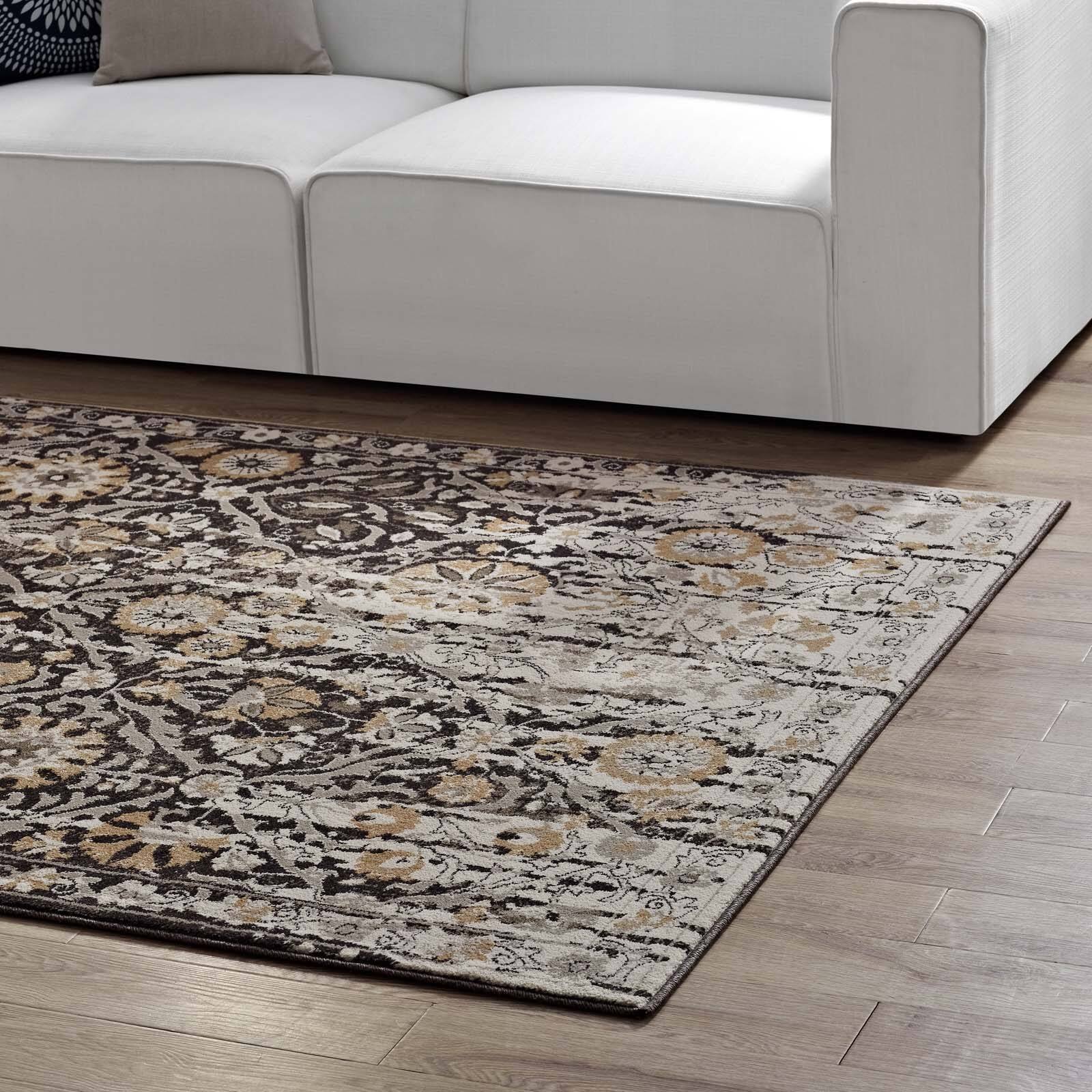 Back. Modway - Ganesa Distressed Diamond Floral Lattice Area Rug - Black and Beige.