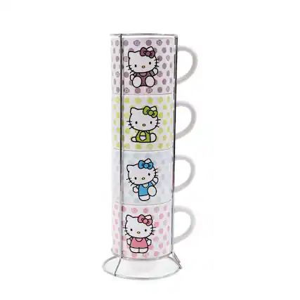 Front. Silver Buffalo - Sanrio Hello Kitty 4-Piece Stacking Mug Set With Wire Rack | Each Hold 10 Ounces - Multicolored.