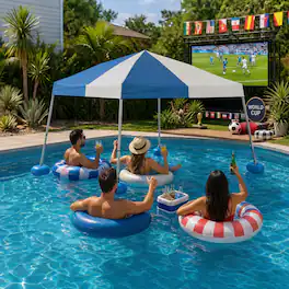 SUNJOY - 10x10ft Floating Pool Canopy Pop Up Gazebo, Height Adjustable Steel Frame, PVC Floats, Anchors, Pump & Bag, Navy