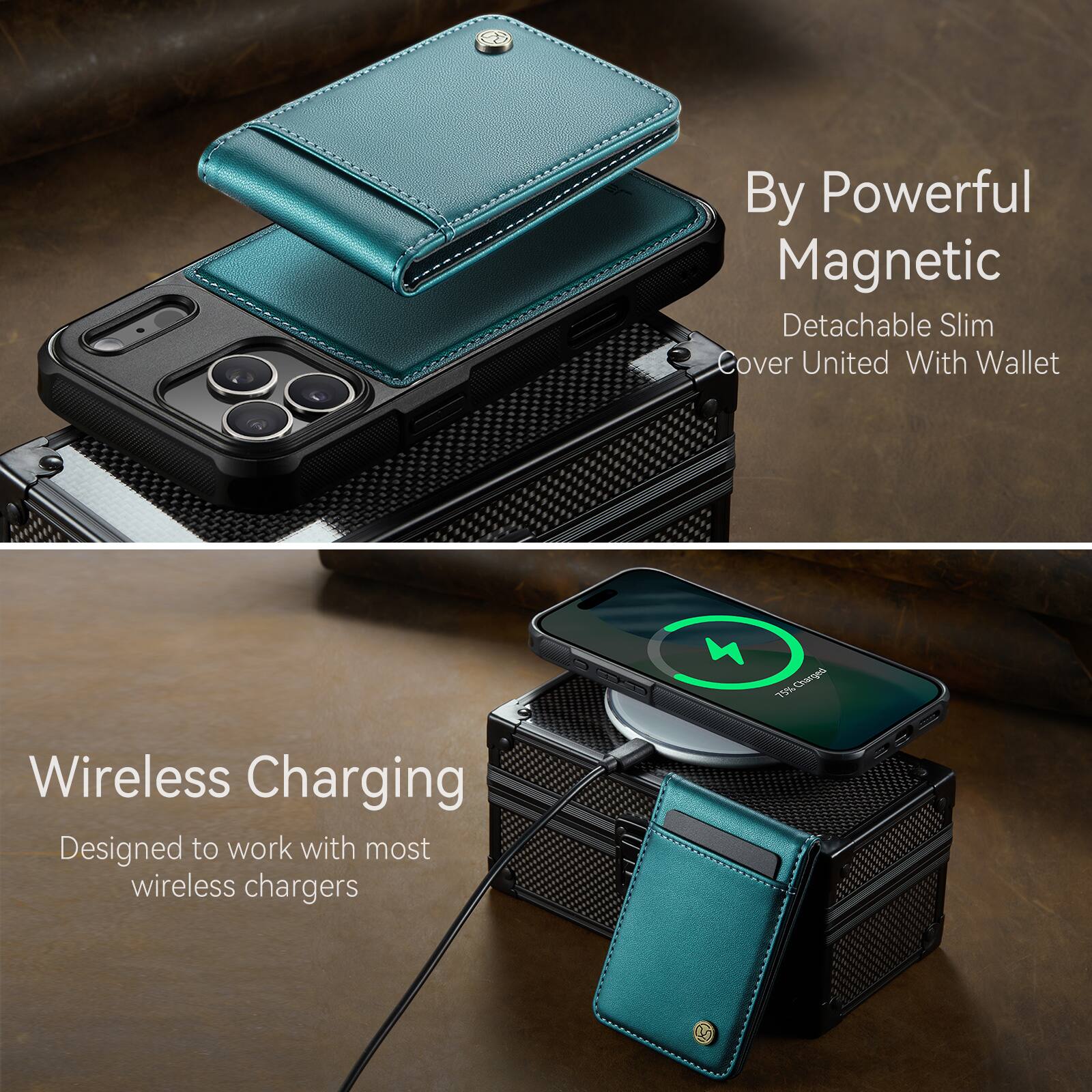 By Powerful Magnetic  
Detachable Slim Cover United With Wallet  

Wireless Charging  
Designed to work with most wireless chargers
