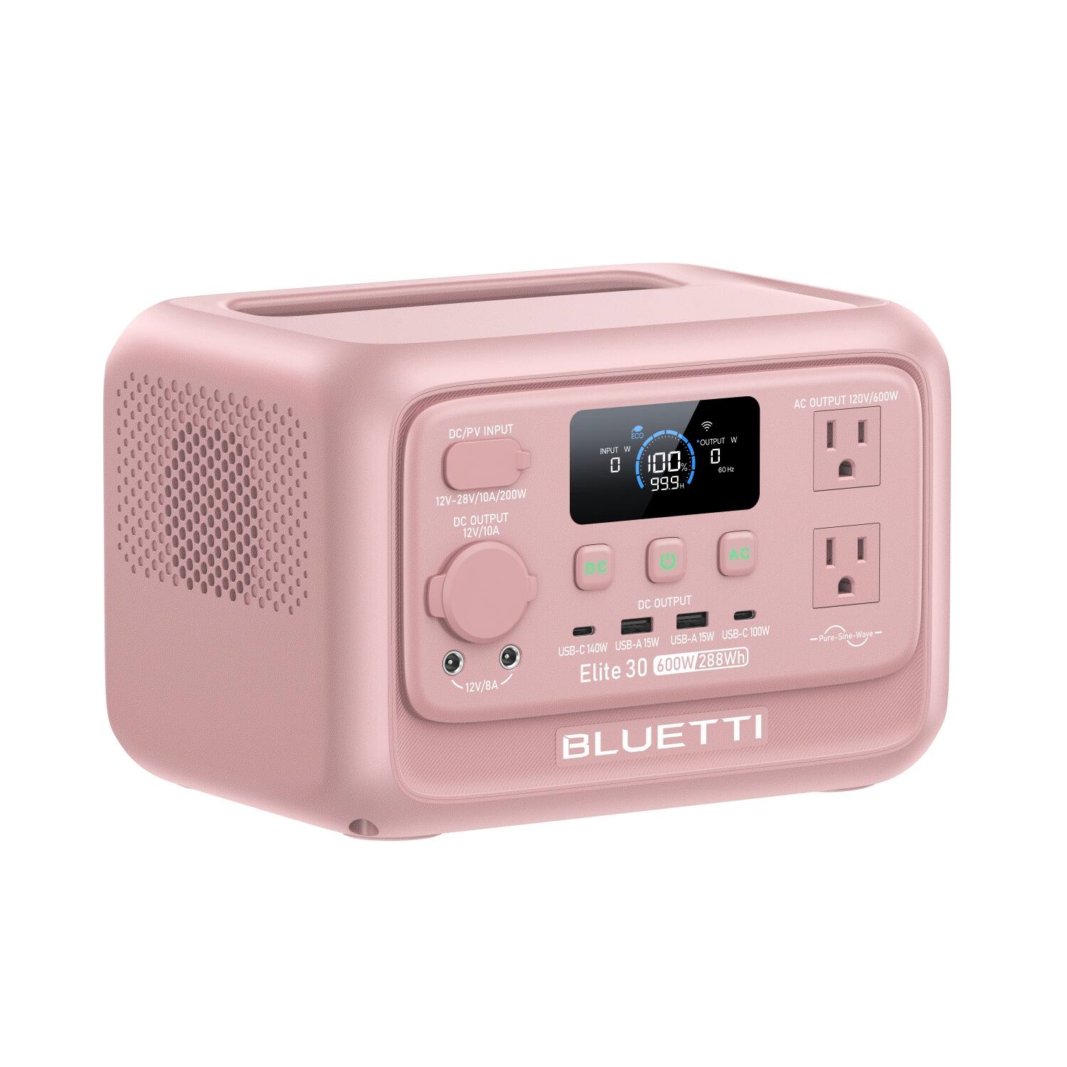 AC OUTPUT: 120V/600W
DC/PV INPUT: 12V-28V/10A/200W
DC OUTPUT: 12V/10A
USB-C OUTPUT: 100W
USB-A OUTPUT: 60W
USB-A OUTPUT: 60W
USB-C OUTPUT: 60W
BLUETTI Elite 30 600W/288Wh