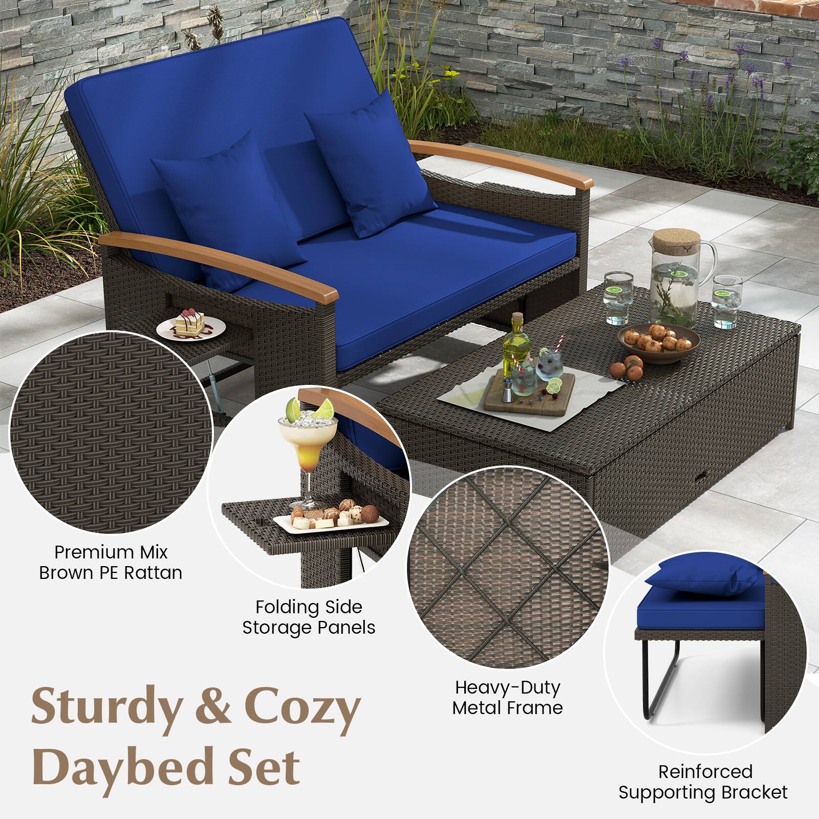 Premium Mix Brown PE Rattan  
Folding Side Storage Panels  
Heavy-Duty Metal Frame  
Reinforced Supporting Bracket  

Sturdy & Cozy Daybed Set