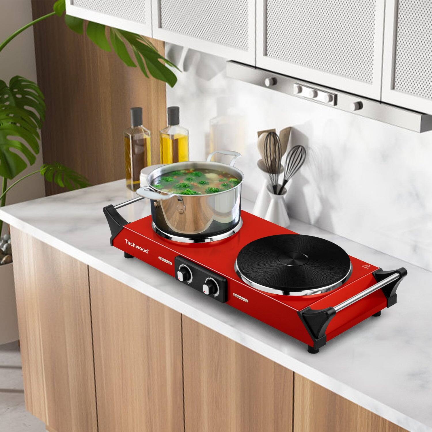 Alt View 1. Techwood - 1300w & 500w Double Burner with Stay Cool Handle, Adjustable Temperature Electric Cooktop for RV Home Camp - Red.
