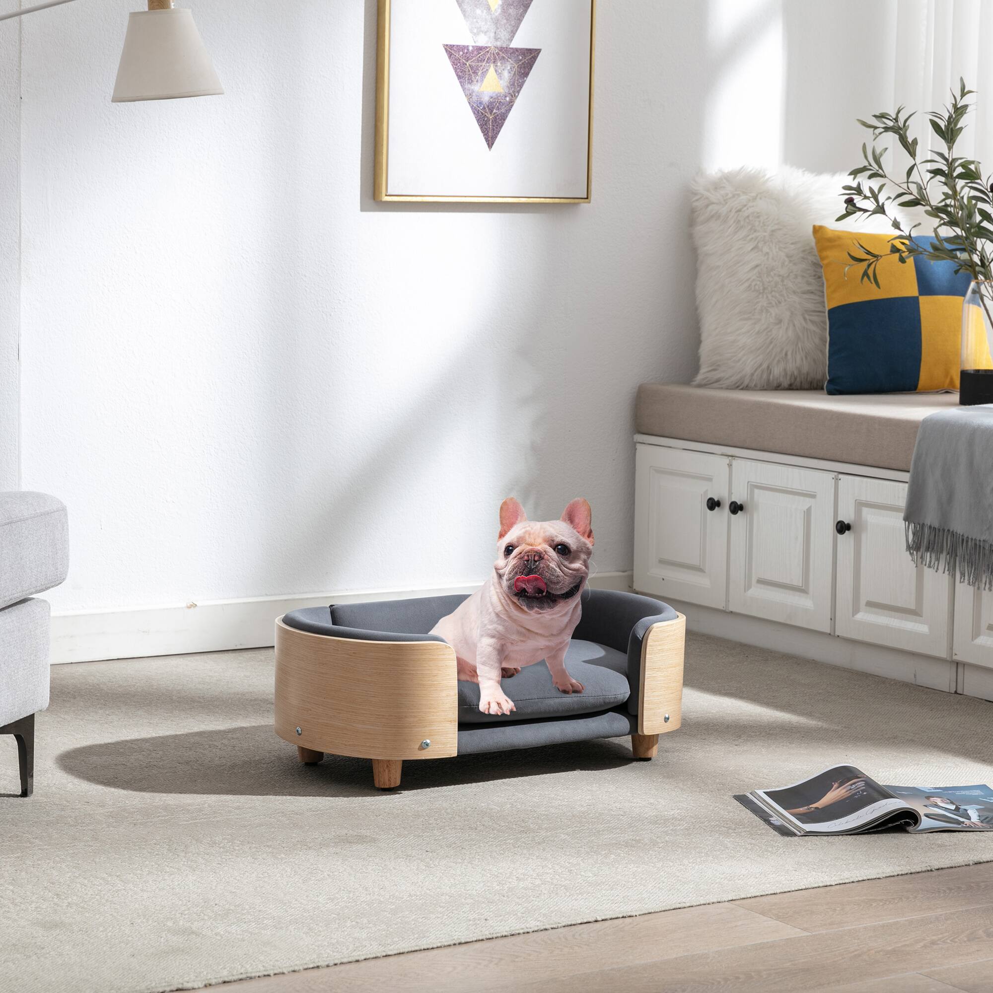 Alt View 7. APRILSOUL - Scandinavian style Elevated Dog Bed Pet Sofa With Solid Wood legs and Bent Wood Back Velvet Cushion Small Size - DARK GREY.