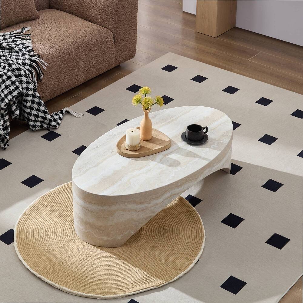 Left. Loheer - Loheer Oval Marble Coffee Table Curved Fiberglass Center Table - White.