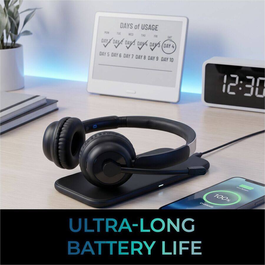 DAYS of USAGE  
MON TUE WED THU FRI SAT  
DAY 1 DAY 2 DAY 3 DAY 4 DAY 5 DAY 6 DAY 7 DAY 8 DAY 9 DAY 10  
12:30  
100% CHARGED  
ULTRA-LONG BATTERY LIFE
