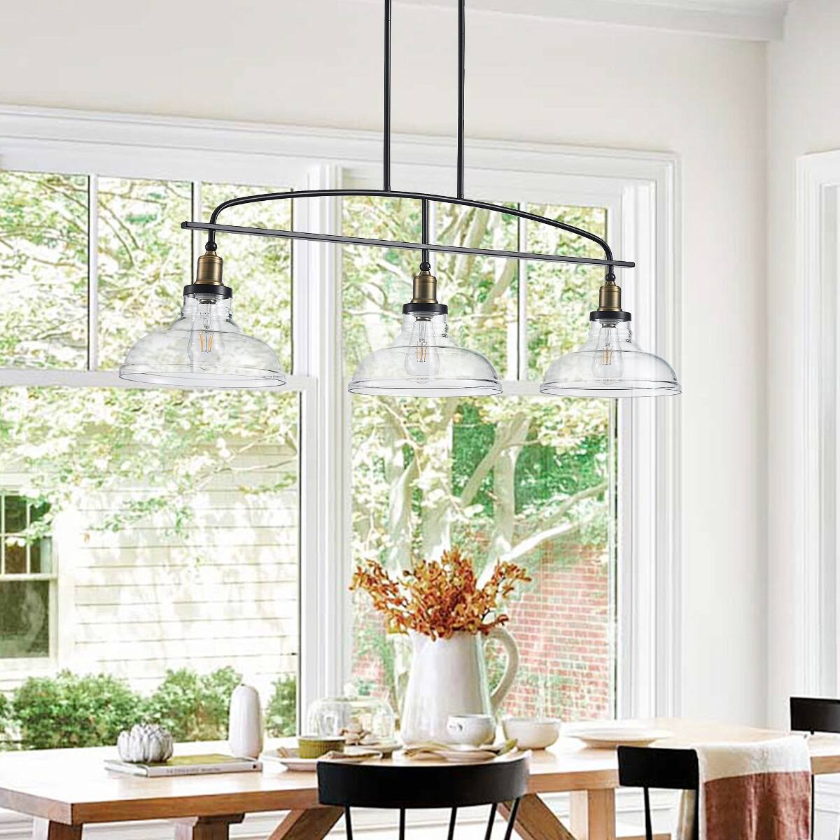 Left. Loheer - Loheer 3 Light Pendant Chandelier with Clear Glass Shades Black Metal Frame Adjustable Height.