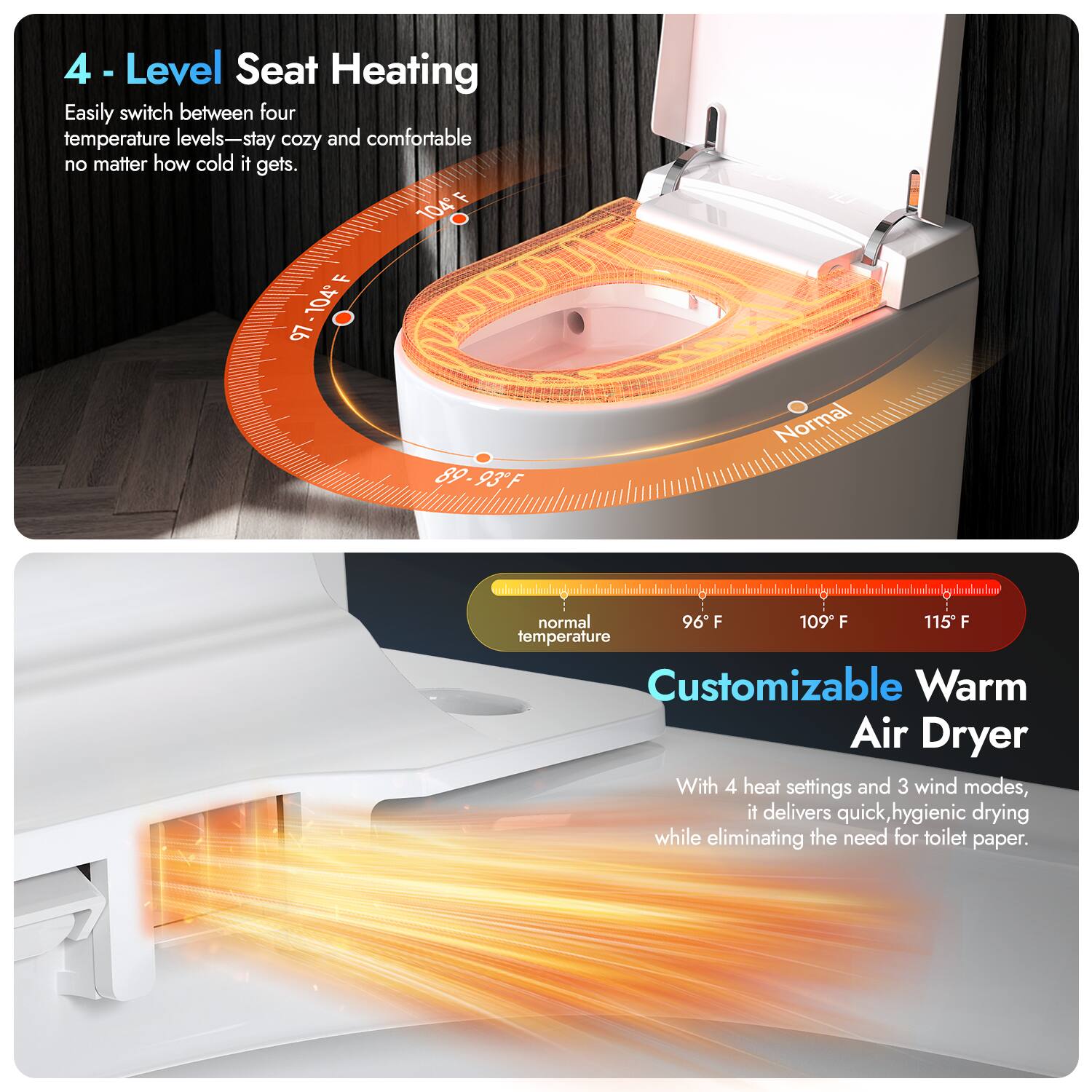 4 - Level Seat Heating  
Easily switch between four temperature levels—stay cozy and comfortable no matter how cold it gets.  

Customizable Warm Air Dryer  
With 4 heat settings and 3 wind modes, it delivers quick, hygienic drying while eliminating the need for toilet paper.