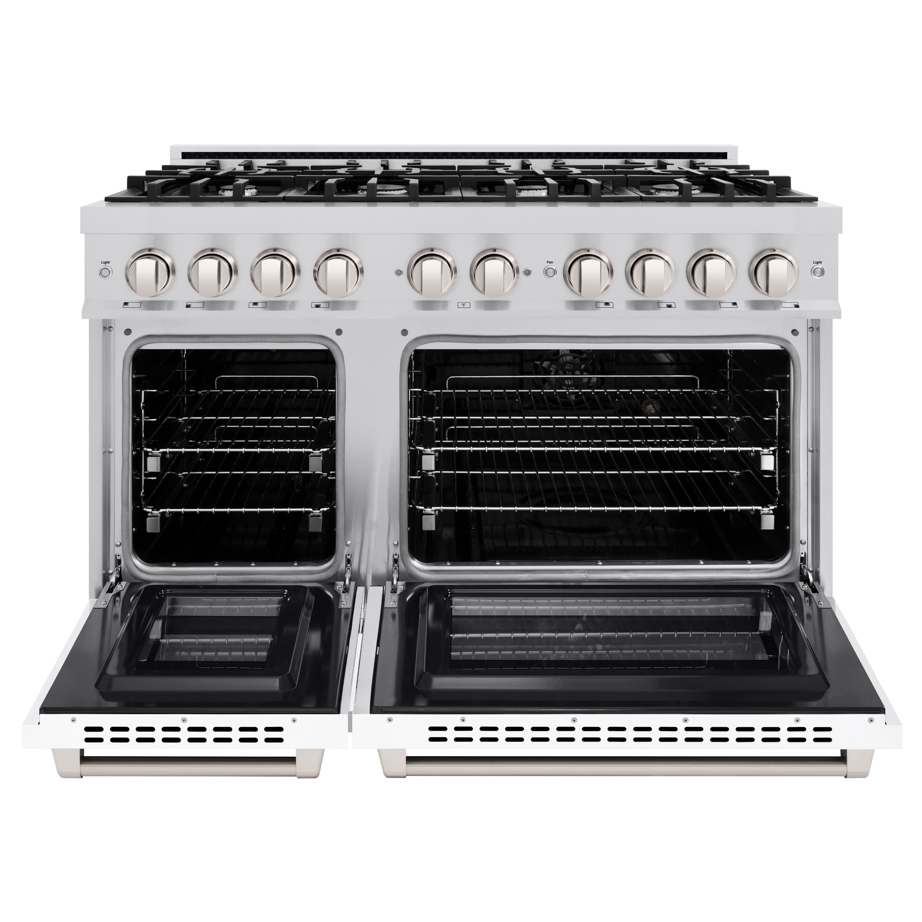 Left. ZLINE - ZLINE 48" Select Double Oven Dual Fuel Range w/ 8 Burner Cooktop & White Matte Doors (HDR-WM-48).