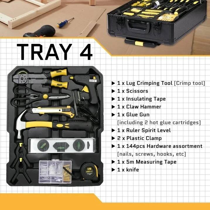 TRAY 4

- 1 x Lug Crimping Tool [Crimp tool]
- 1 x Scissors
- 1 x Insulating Tape
- 1 x Claw Hammer
- 1 x Glue Gun [including 2 hot glue cartridges]
- 1 x Ruler Spirit Level
- 2 x Plastic Clamp
- 1 x 144pcs Hardware assortment [nails, screws, hooks, etc]
- 1 x 5m Measuring Tape
- 1 x knife