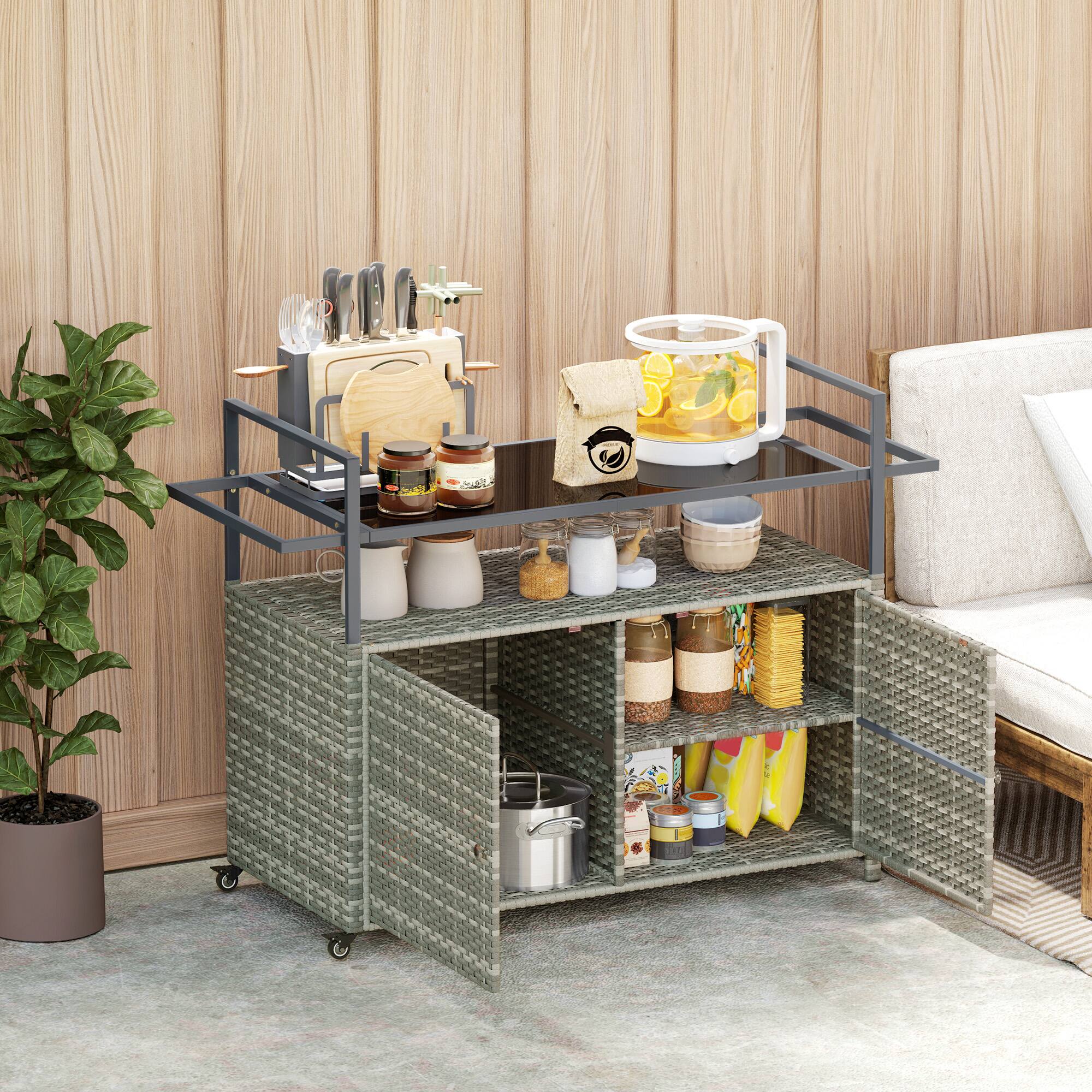 Alt View 8. Outsunny - PE Rattan Outdoor Storage Cabinet, Wicker Outdoor Bar Table Kitchen Island with Wheels & 2-Tier Shelf - Mixed Gray.