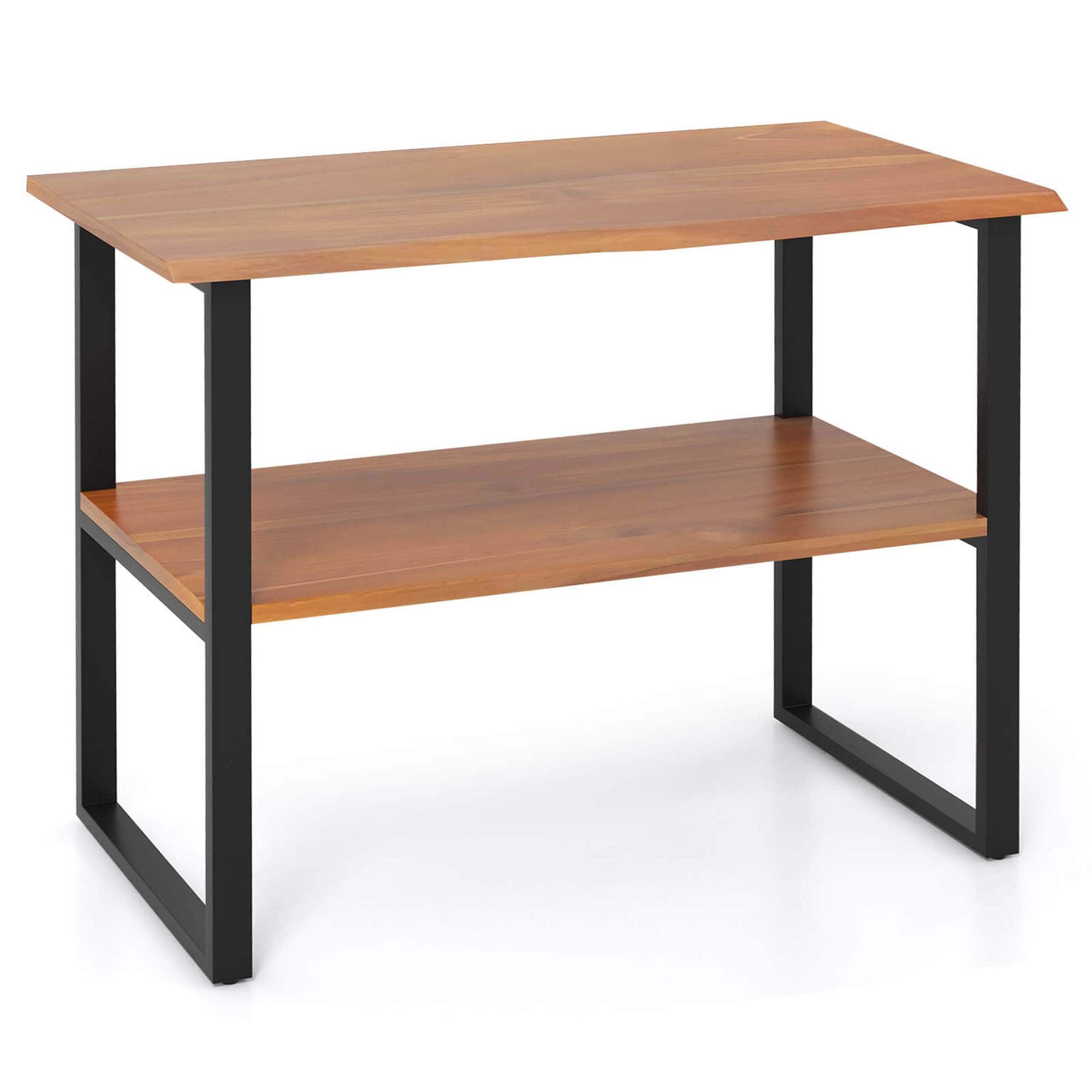 Costway - 2-Tier Teak Bathroom Storage Shelf Freestanding Wooden Bookshelf for Living Room - Natural