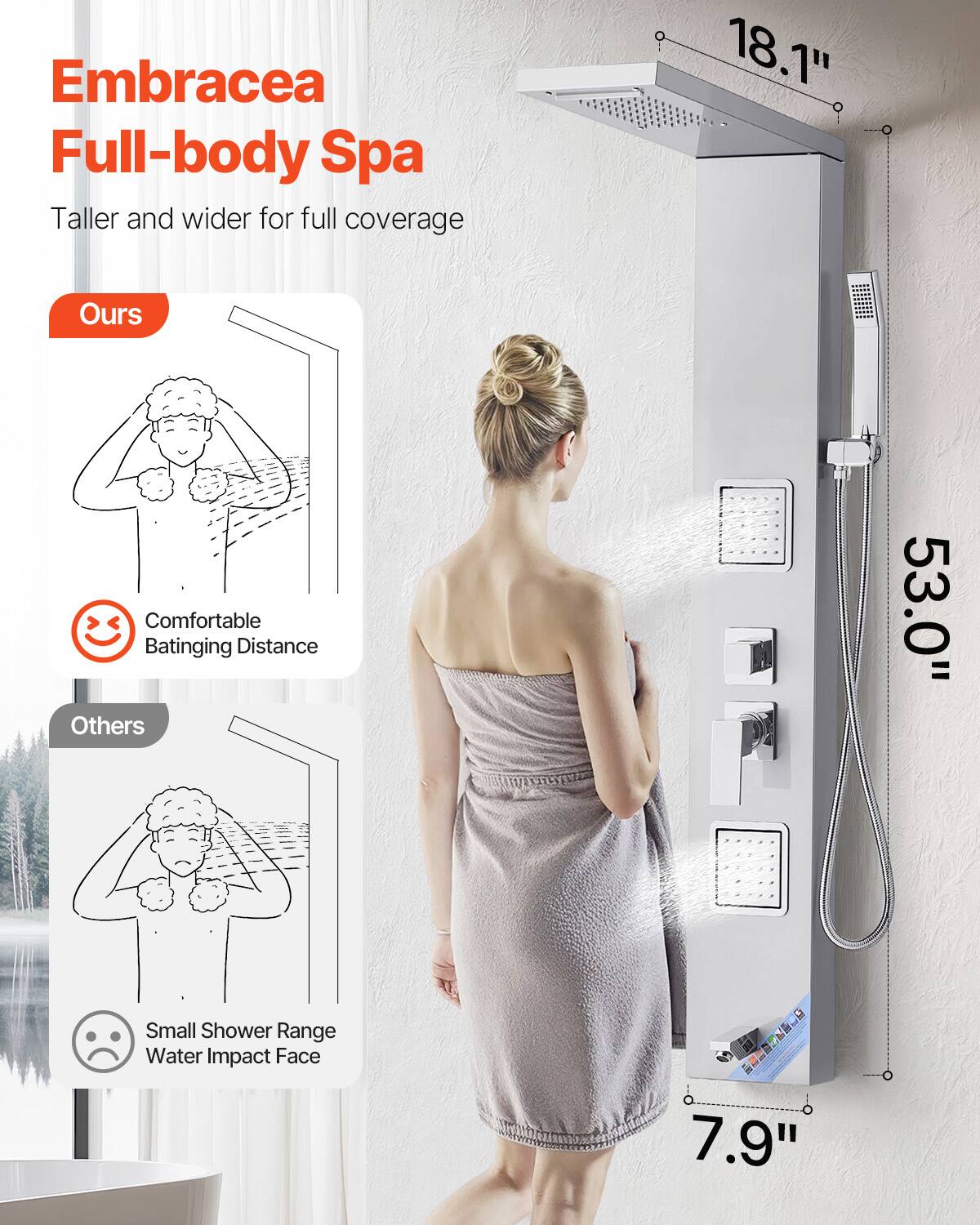 Embracea Full-body Spa  
Taller and wider for full coverage  

Ours  
Comfortable Batinging Distance  

Others  
Small Shower Range  
Water Impact Face  

18.1"  
53.0"  
7.9"