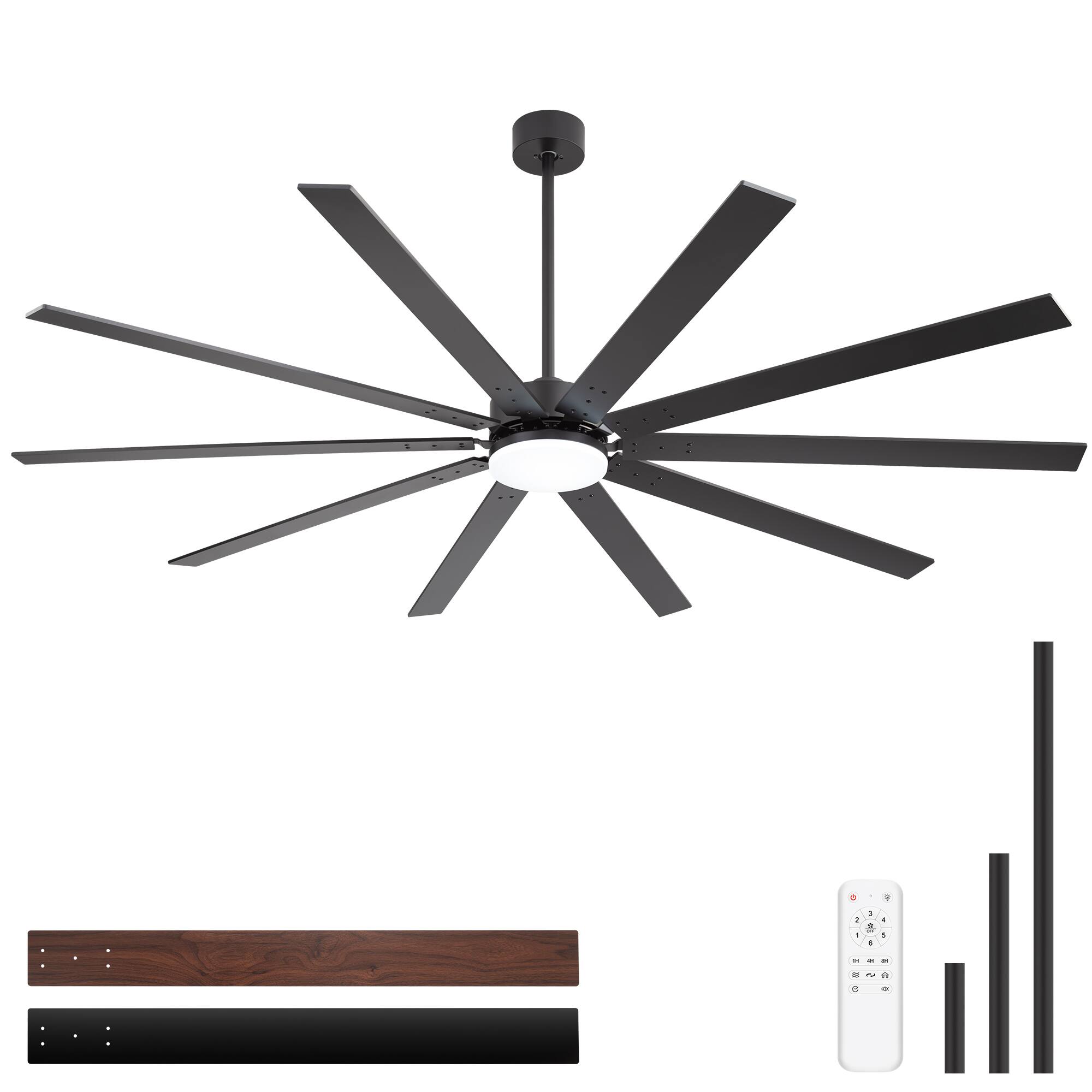 Angle. Breezary - 84-Inch LED Ceiling Fan with 10 Plywood Blades,8/12/24-Inch Downrods, 6-Speed Remote Control - matte black and walnut.