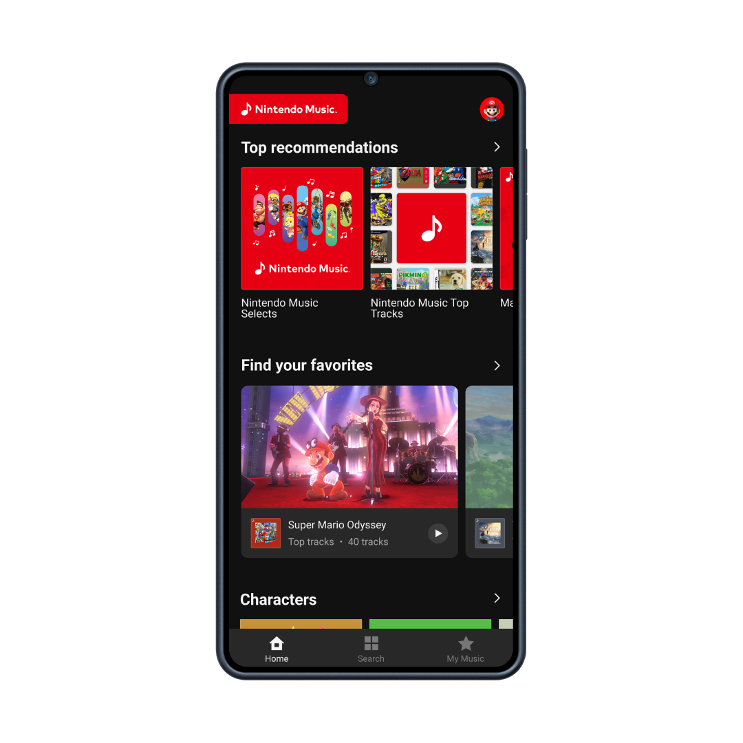 Nintendo Music. Top recommendations. Find your favorites. Super Mario Odyssey. Top tracks. 40 tracks. Characters. Home. Search. My Music.