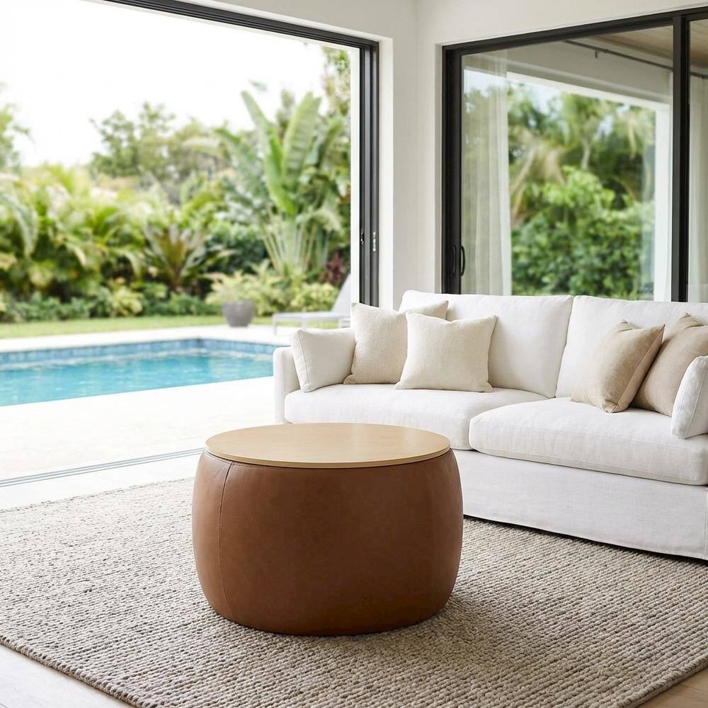 Left. Outdoor Escape - Vegan Leather Storage Ottoman, Neutral Color with Spacious Seat, Durable - Beige.