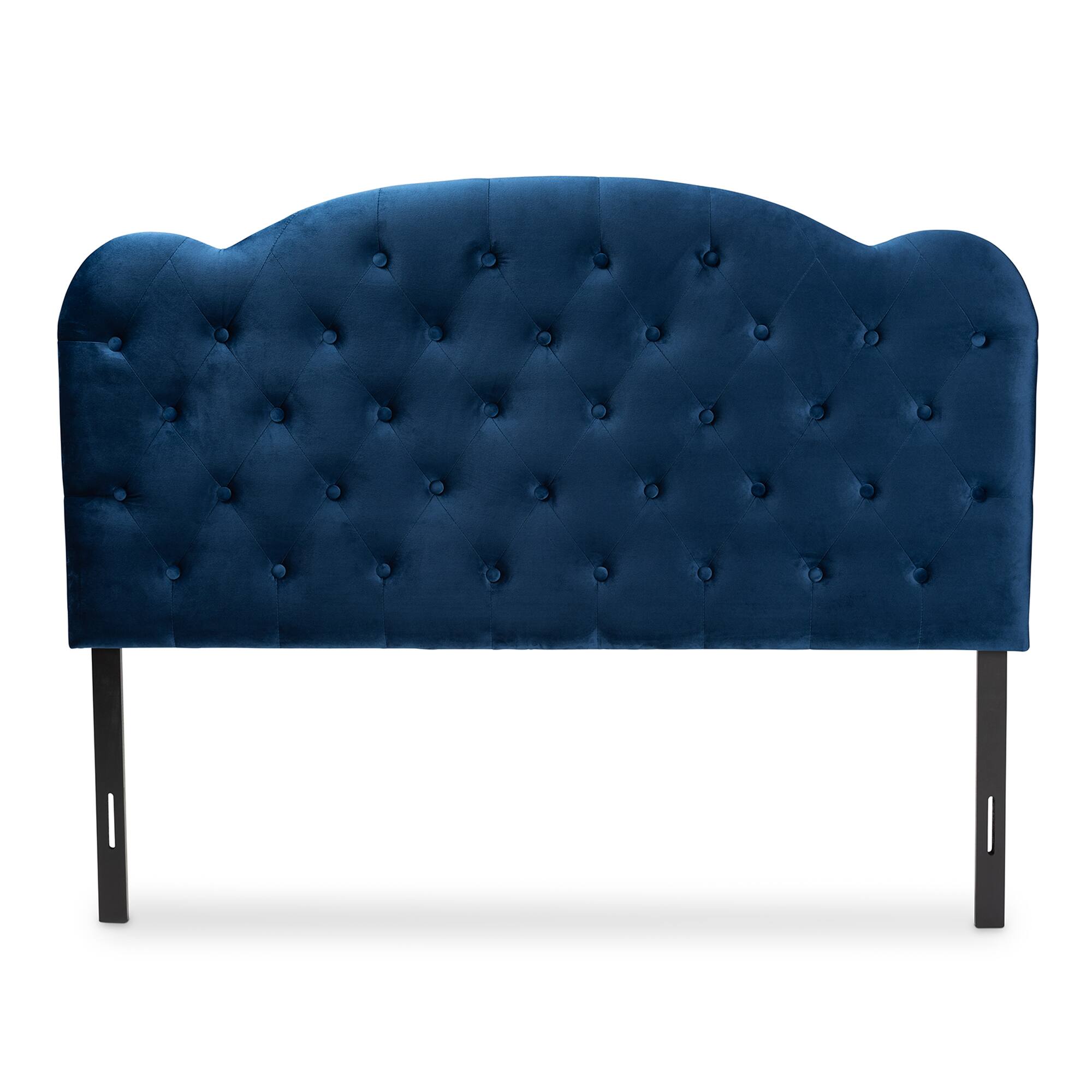 Angle. Baxton Studio - Clovis Modern and Contemporary Velvet Fabric Upholstered Queen Size Headboard - Navy Blue/Dark Brown.