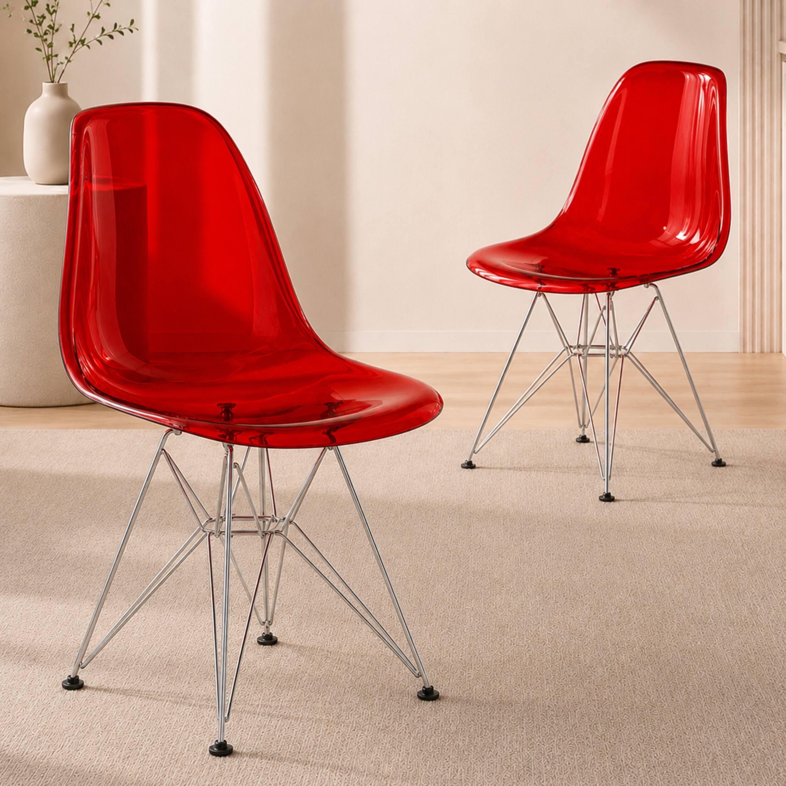 Alt View 6. LeisureMod - Cresco 2-Pieces Acrylic Dining Chair with Ergonomic Curved Back and Floor Protectors - Transparent Red.
