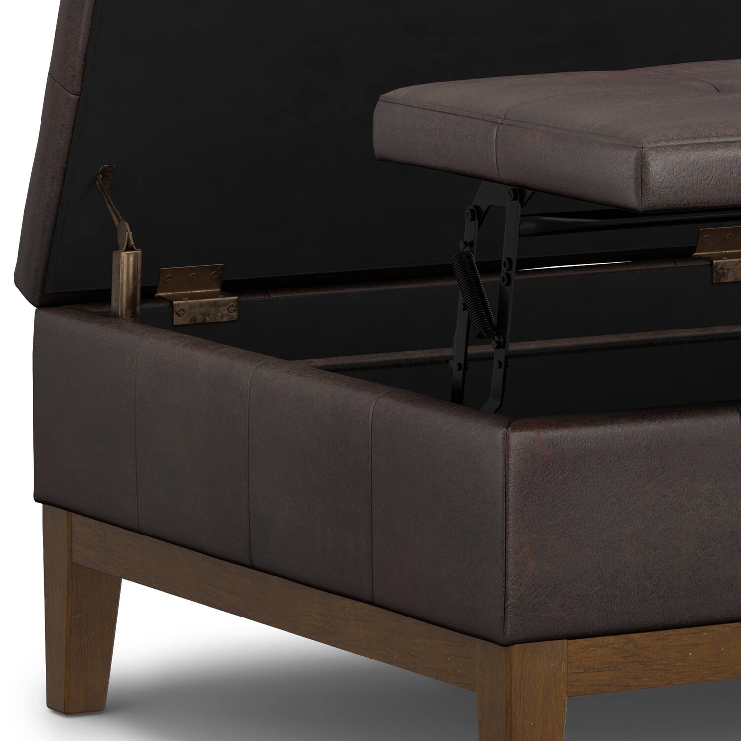 Alt View 6. Simpli Home - Dover 36 inch Contemporary Square Lift Top Coffee Table Storage Ottoman in Distressed Brown Vegan Faux Leather,Assembled - Distressed Brown.