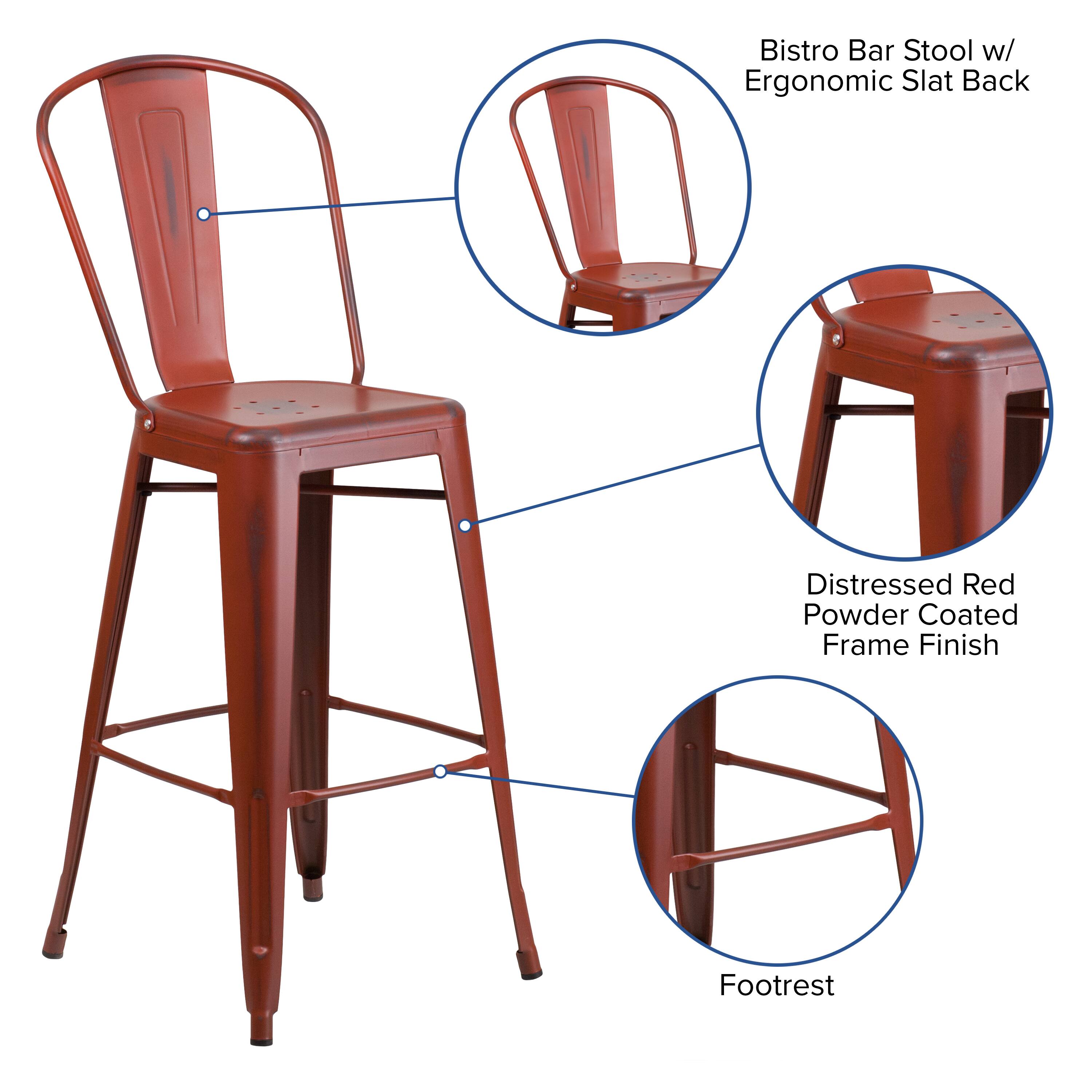Bistro Bar Stool w/ Ergonomic Slat Back  
Distressed Red Powder Coated Frame Finish  
Footrest