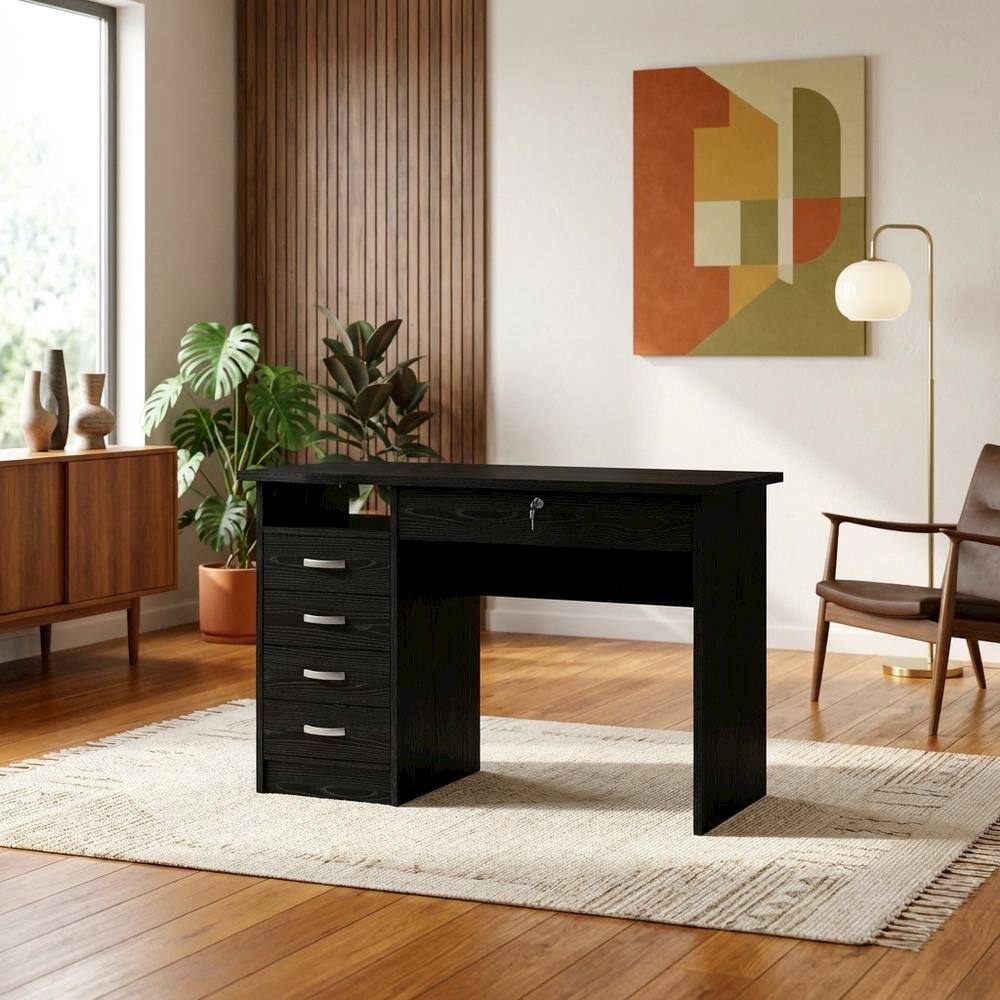 Angle. FurniFact - 5-Drawer Computer Desk with Storage for Home Office or Workspace - Black.