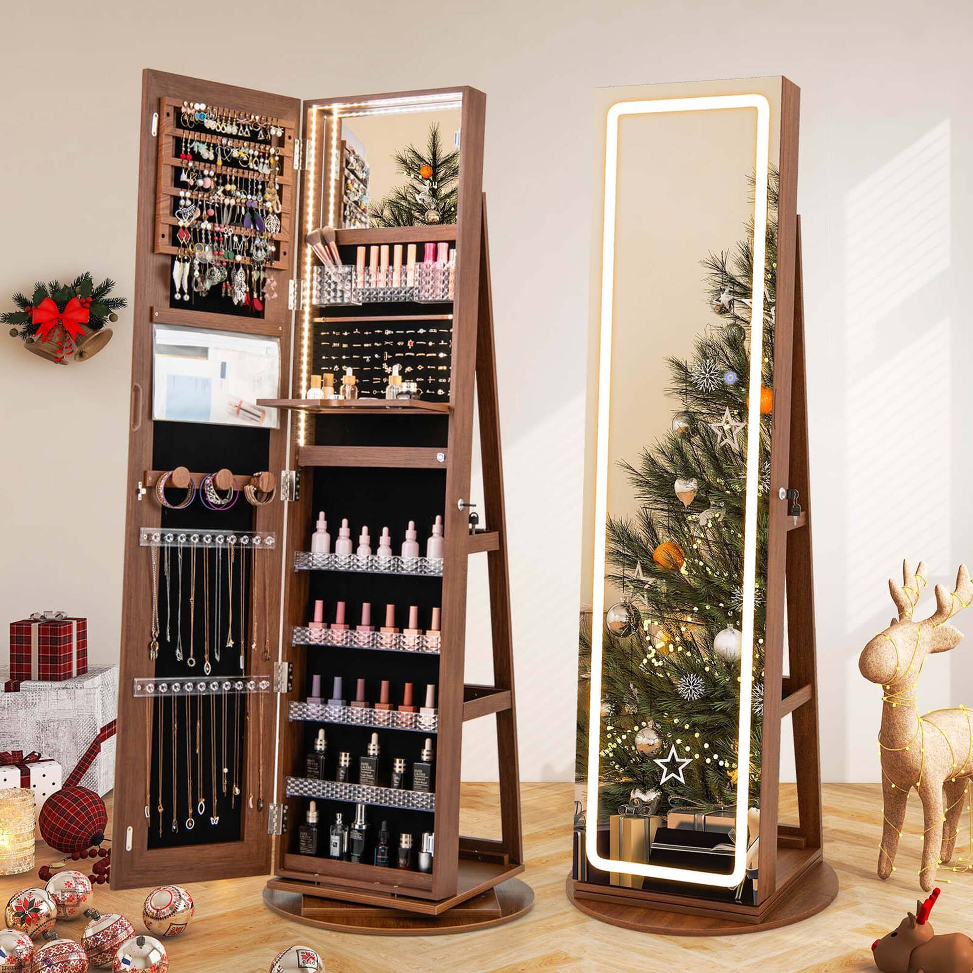 Alt View 12. Costway - 360° Swivel Jewelry Cabinet Organizer 3-Color LED Mirror with Built-in Lights Brown - Brown.