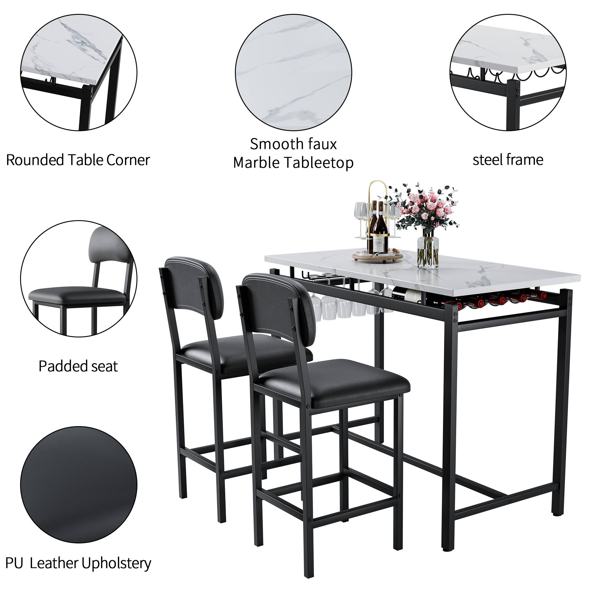 - Rounded Table Corner
- Smooth faux Marble Tabletop
- steel frame
- Padded seat
- PU Leather Upholstery