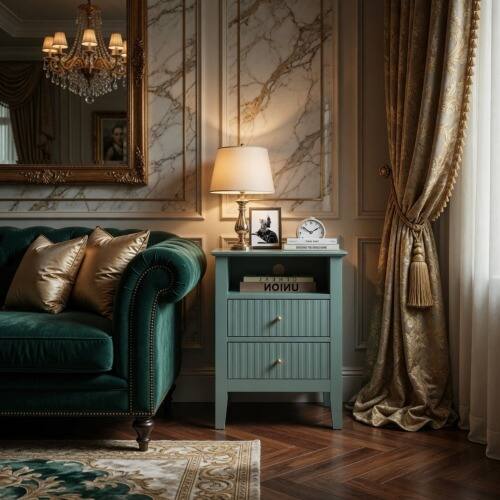 Left. LUCKY ONE - 18" Assembled Fluted Nightstand 2-Drawer Gold Knobs - Green.