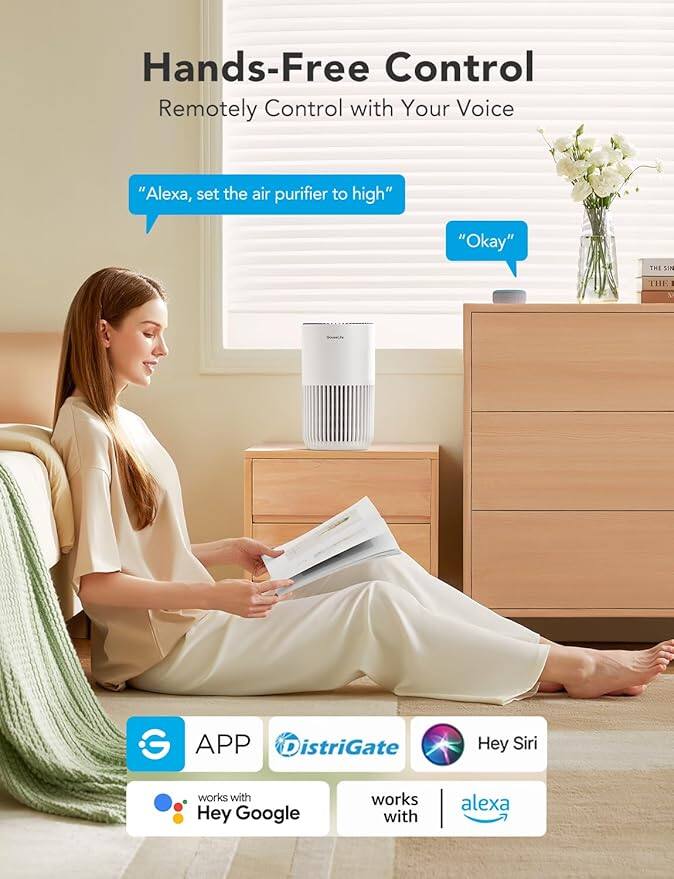 Hands-Free Control  
Remotely Control with Your Voice

"Alexa, set the air purifier to high"  
"Okay"

APP  
Distrigate  
Hey Siri  
works with Hey Google  
works with Alexa