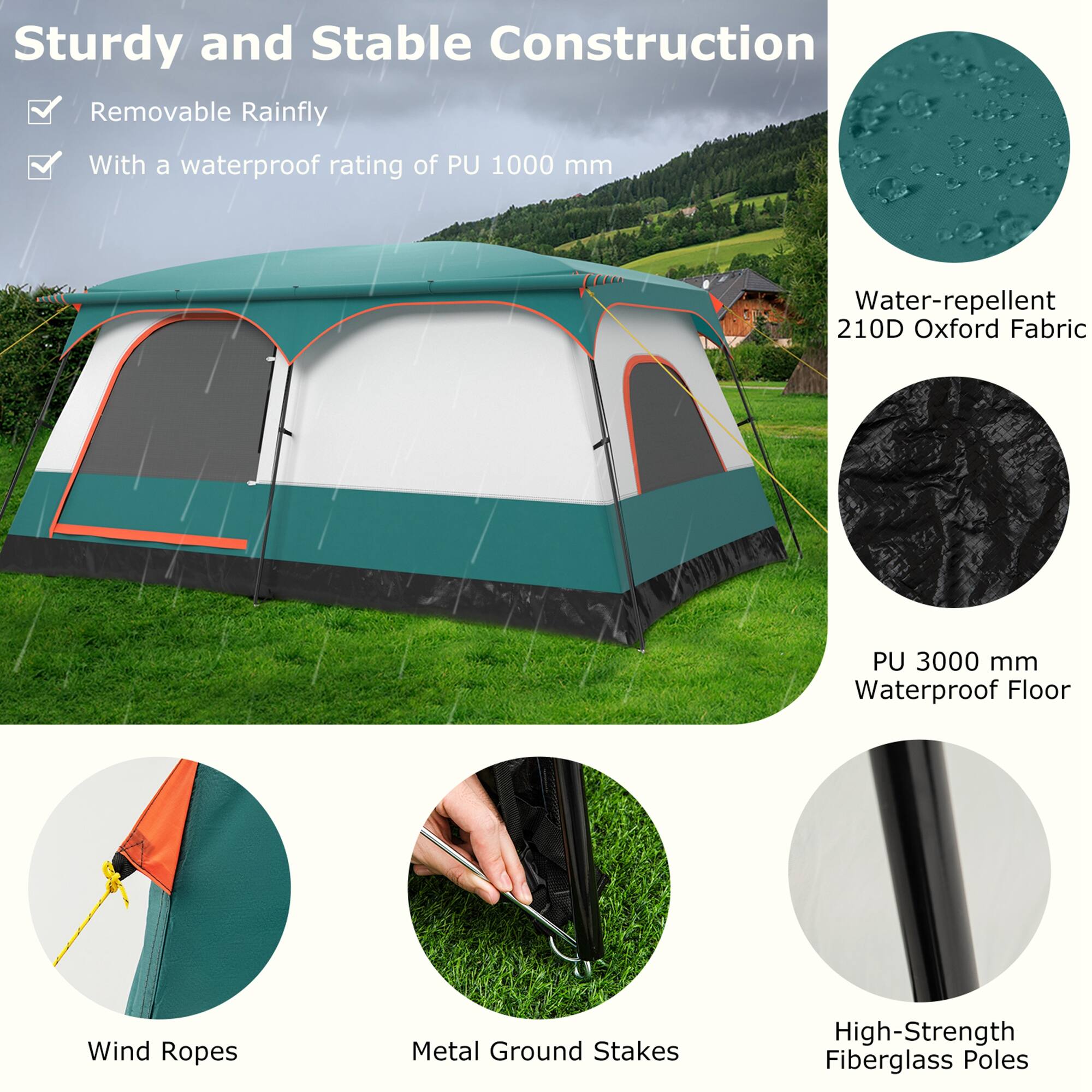 Sturdy and Stable Construction  
- Removable Rainfly  
- With a waterproof rating of PU 1000 mm  

Water-repellent 210D Oxford Fabric  
PU 3000 mm Waterproof Floor  
Wind Ropes  
Metal Ground Stakes  
High-Strength Fiberglass Poles