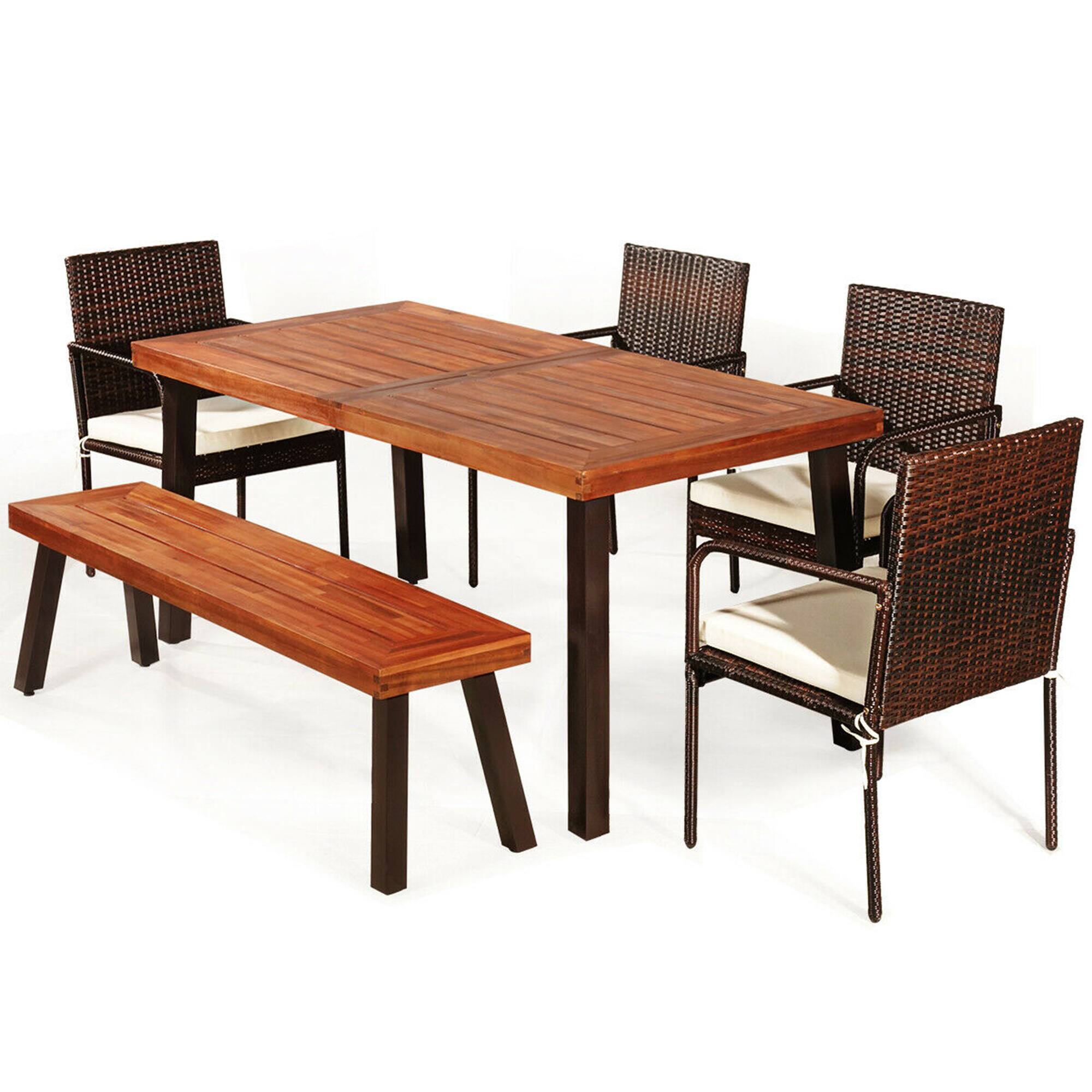 Alt View 8. Gymax - Gymax 6PCS Patio Rattan Dining Set Acacia Wood Tabletop Cushioned Chair - Brown.