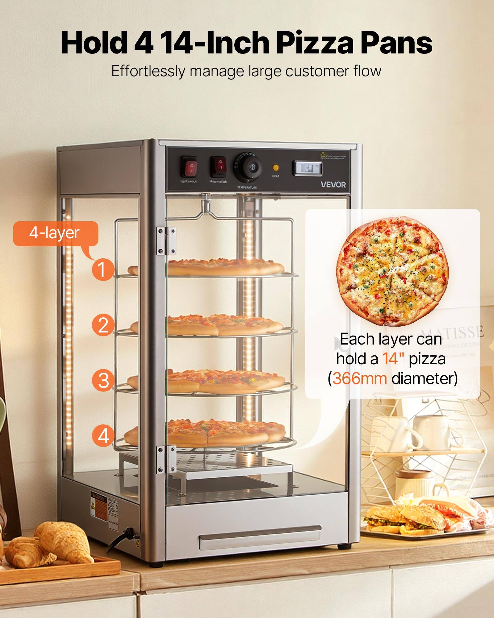 Hold 4 14-Inch Pizza Pans  
Effortlessly manage large customer flow

4-layer  
1  
2  
3  
4

Each layer can hold a 14" pizza (366mm diameter)