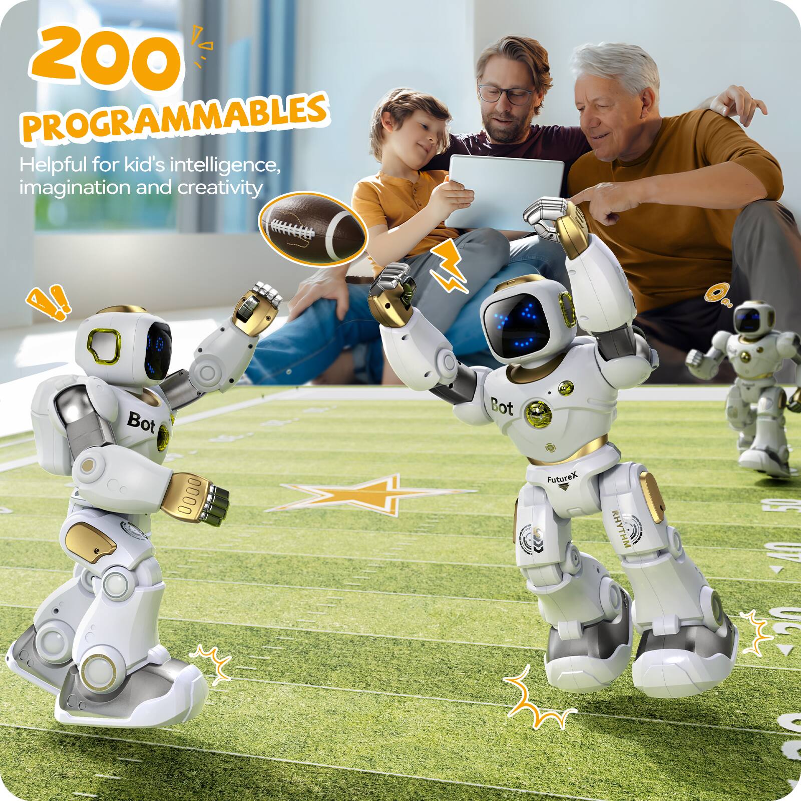 200 Programmables  
Helpful for kid's intelligence, imagination and creativity  

Bot Bot  
FutureX  
0000  
S MHTH  
THM  
5 W L VAA