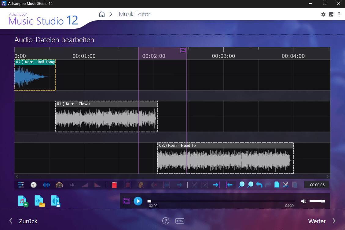Ashampoo Music Studio 12  
Musik Editor  
Audio-Dateien bearbeiten  

02.) Korn - Ball Tong  
04.) Korn - Clown  
03.) Korn - Need To  

Zurück  
Weiter