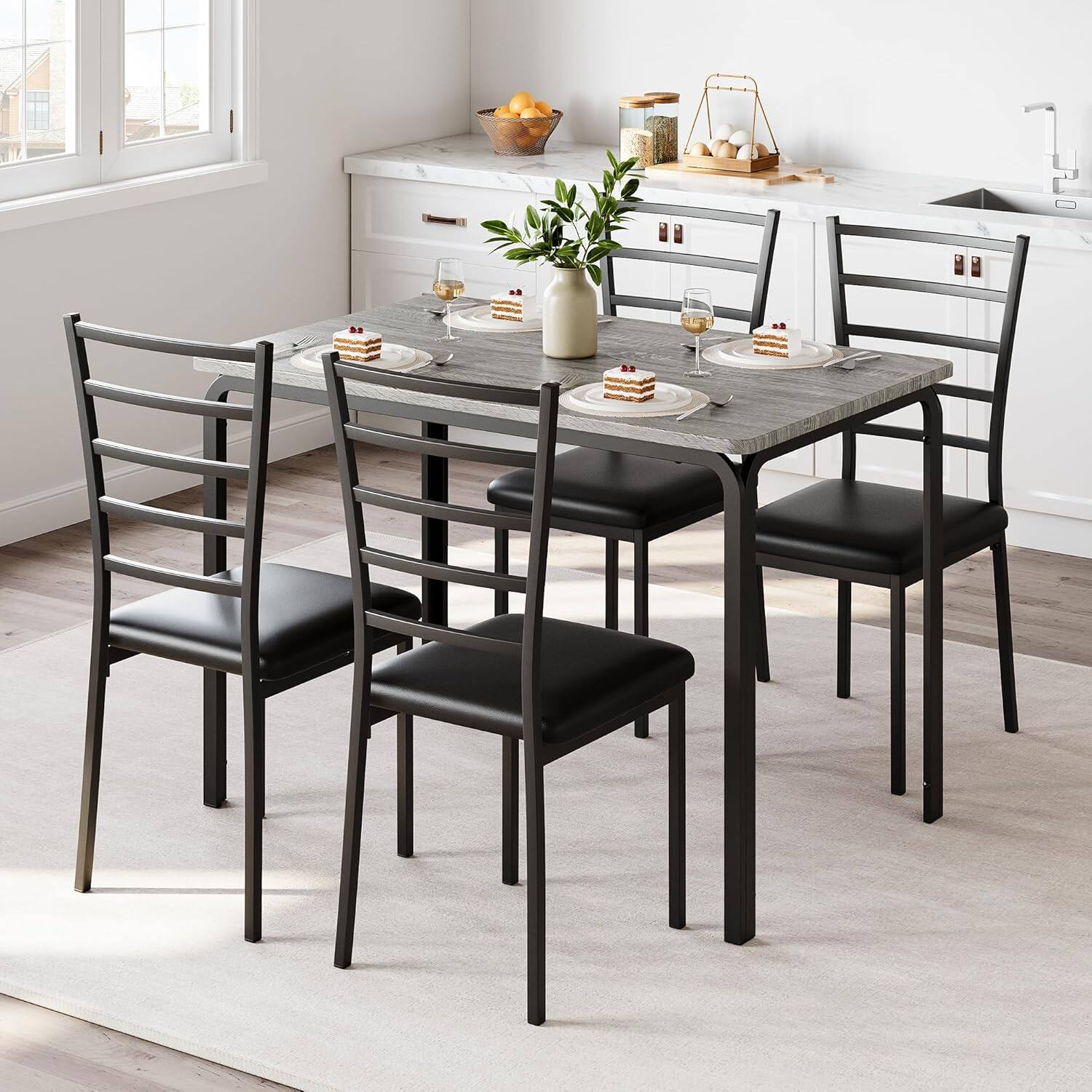 Front. Qeetex - 5-Piece Small Space Kitchen Table Set, Modern Square Dinette & 4 Chairs for Breakfast & Dining Indoors - Gray.