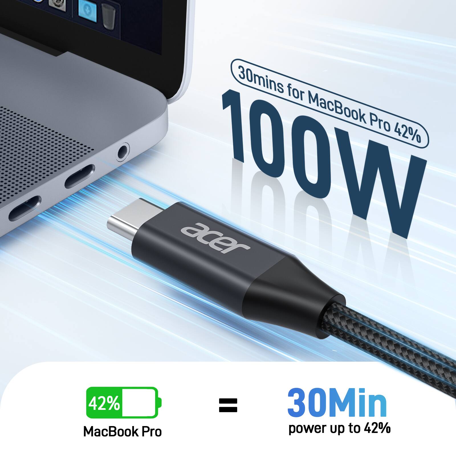 30mins for MacBook Pro 42%  
100W  

42% MacBook Pro = 30Min power up to 42%