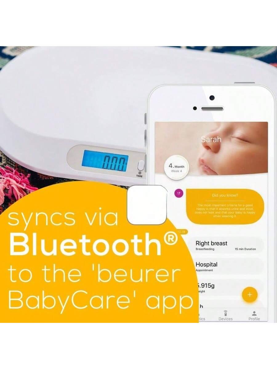 Sure, here is the corrected and grouped text:

---

**4. Month Week 4**

**Sarah**

**Did you know?**  
The most important criteria for a good nappy is that it absorbs urine and stool, does not leak and that your baby is happy when wearing it.

**Right breast**  
15 min Duration

**Hospital Appointment**

**6.915g**

**syncs via Bluetooth® to the 'beurer BabyCare' app**

---

**Devices**  
**Profile**  
**h**  
**tics**