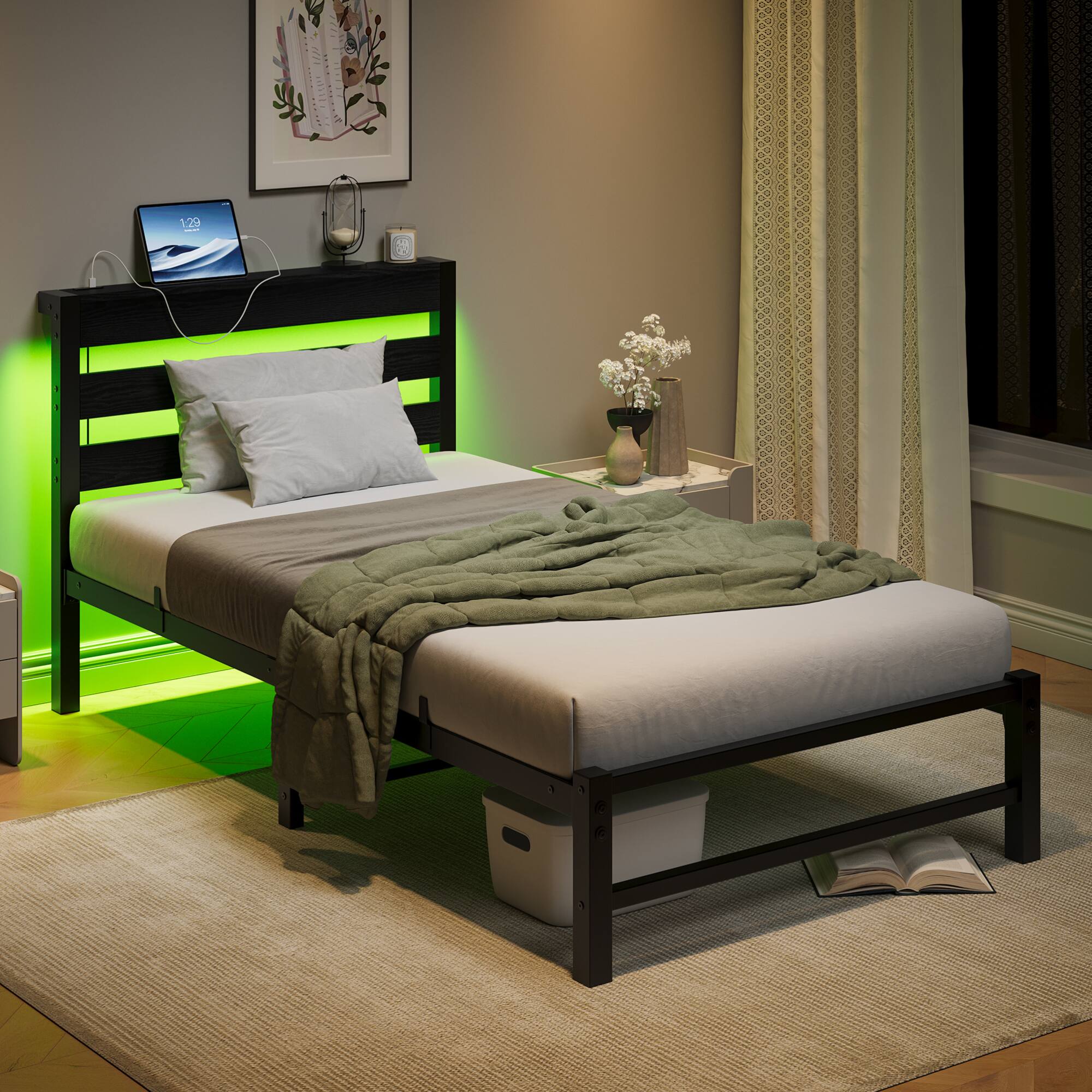 Angle. GOODSILO - Heavy Duty Twin Size Platform Bed Frame with USB Charging, LED Lighting, and Under-Bed Storage - Black.