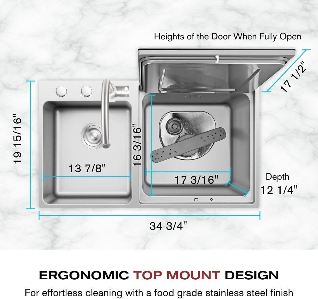 Heights of the Door When Fully Open: 6" 15/16" 19 13 7/8" 3/16" 16 17 3/16" 1/2" 17 Depth: 12 1/4" 34 3/4" ERGONOMIC TOP MOUNT DESIGN: For effortless cleaning with a food grade stainless steel finish.