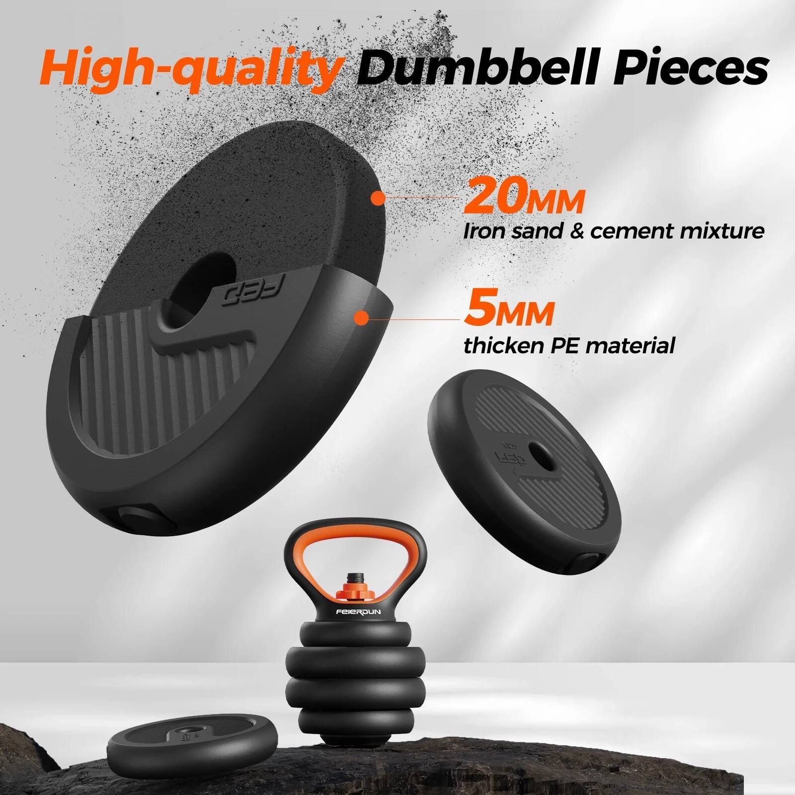 High-quality Dumbbell Pieces  
20MM Iron sand & cement mixture  
5MM thick PE material