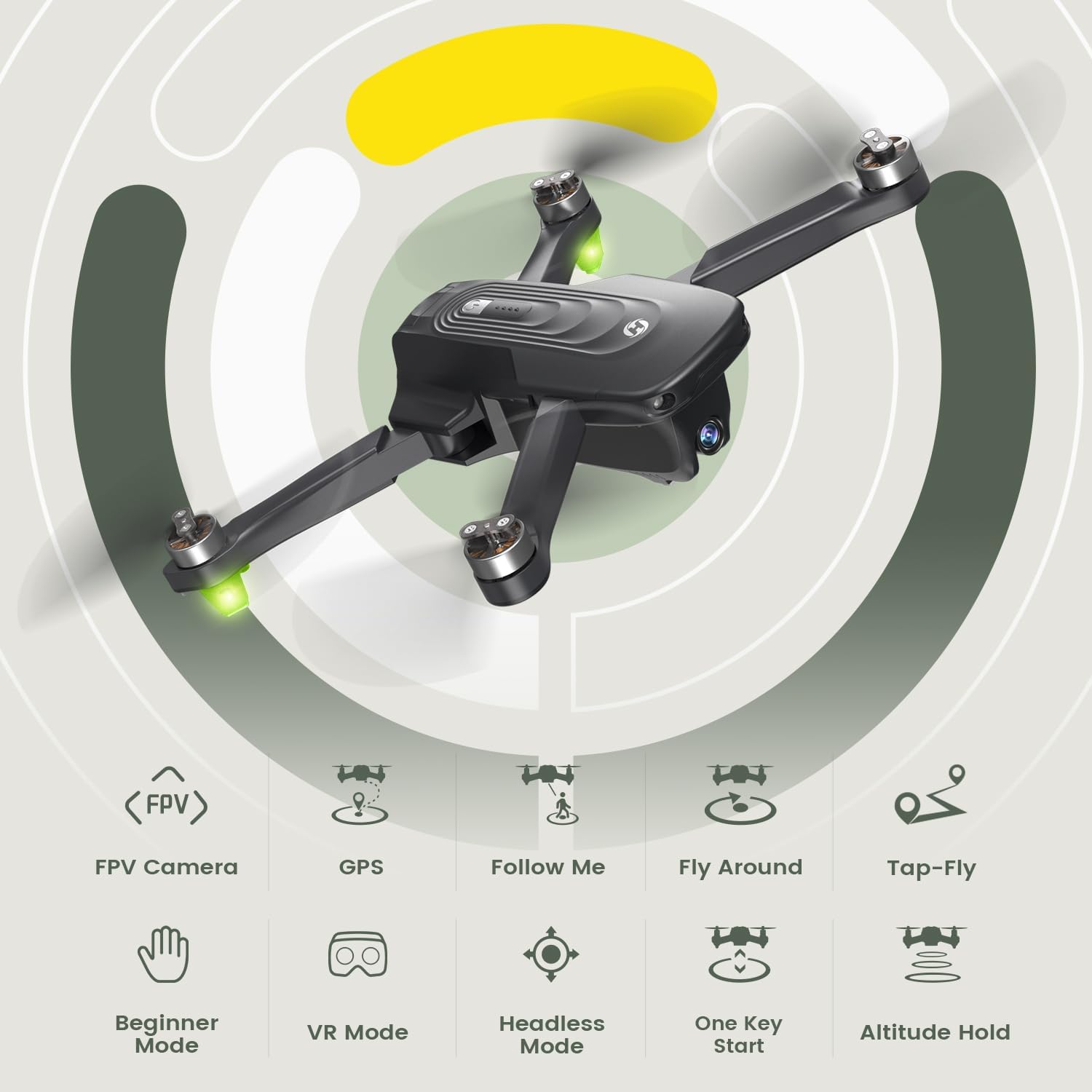 FPV Camera  
GPS  
Follow Me  
Fly Around  
Tap-Fly  
Beginner Mode  
VR Mode  
Headless Mode  
One Key Start  
Altitude Hold
