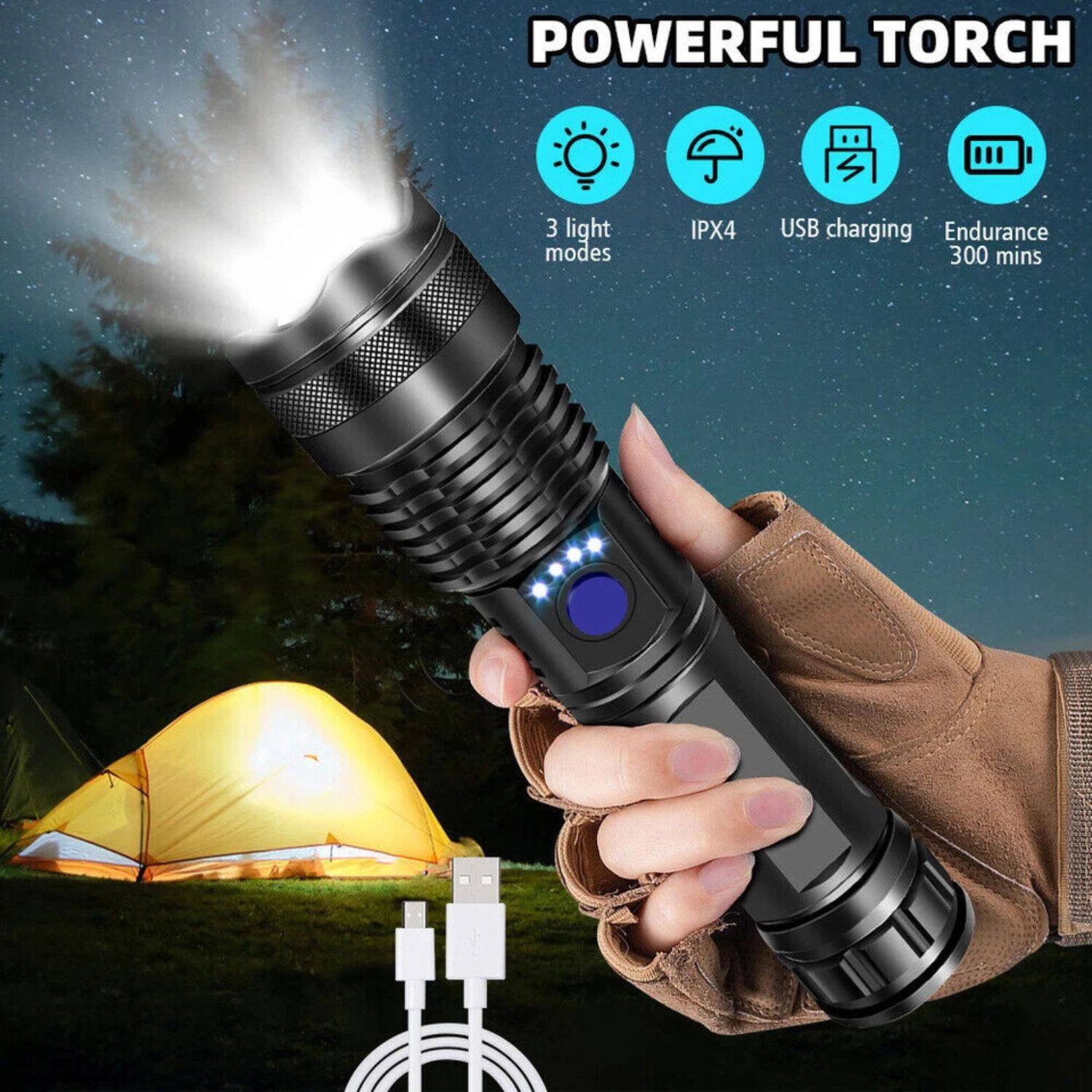 POWERFUL TORCH

- 3 light modes
- IPX4
- USB charging
- Endurance 300 mins