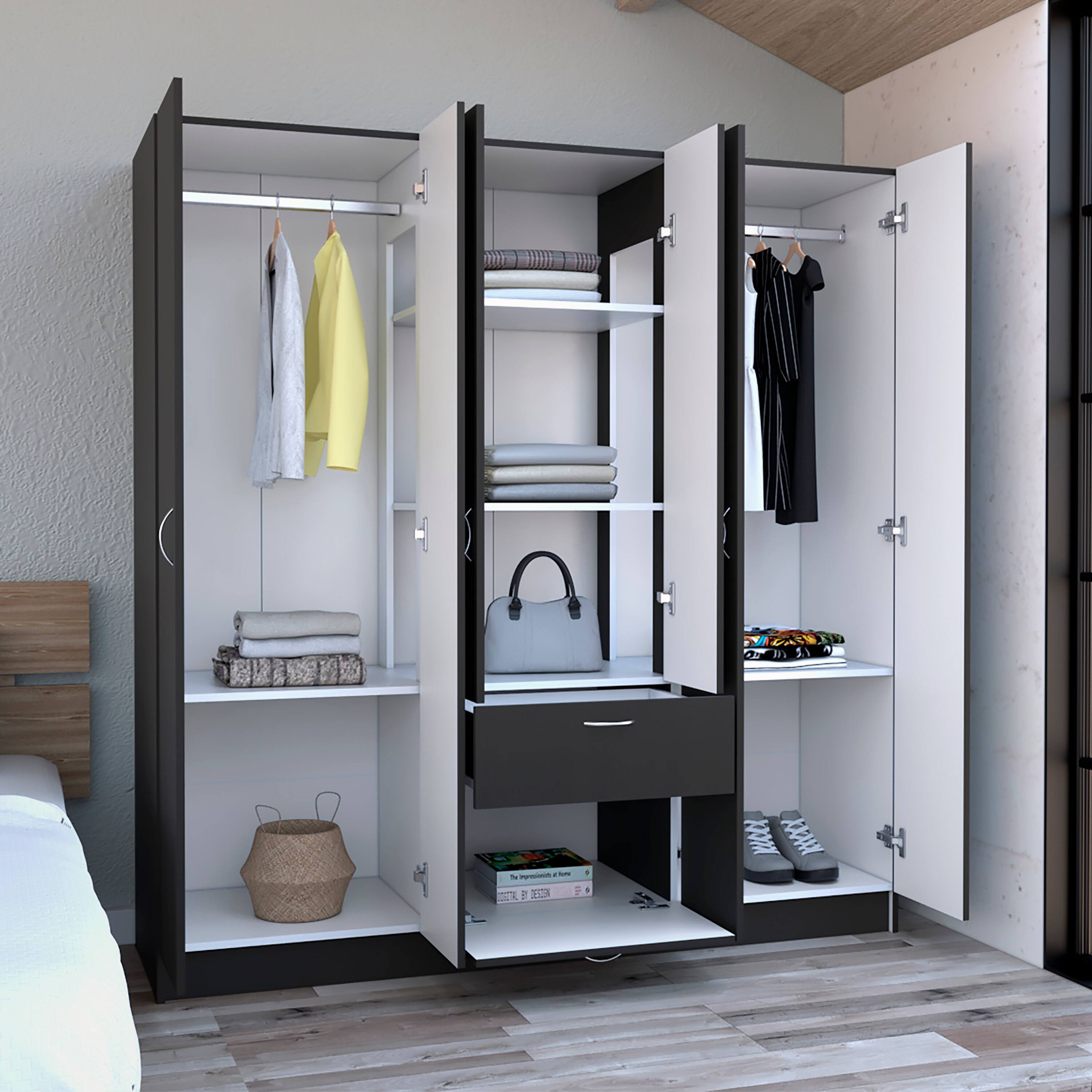 Alt View 3. TinyHomie - Kibo 6 Doors Armoire One Drawer Rod Seven Interior Shelves Black Wengue / White -Bedroom - Black White.