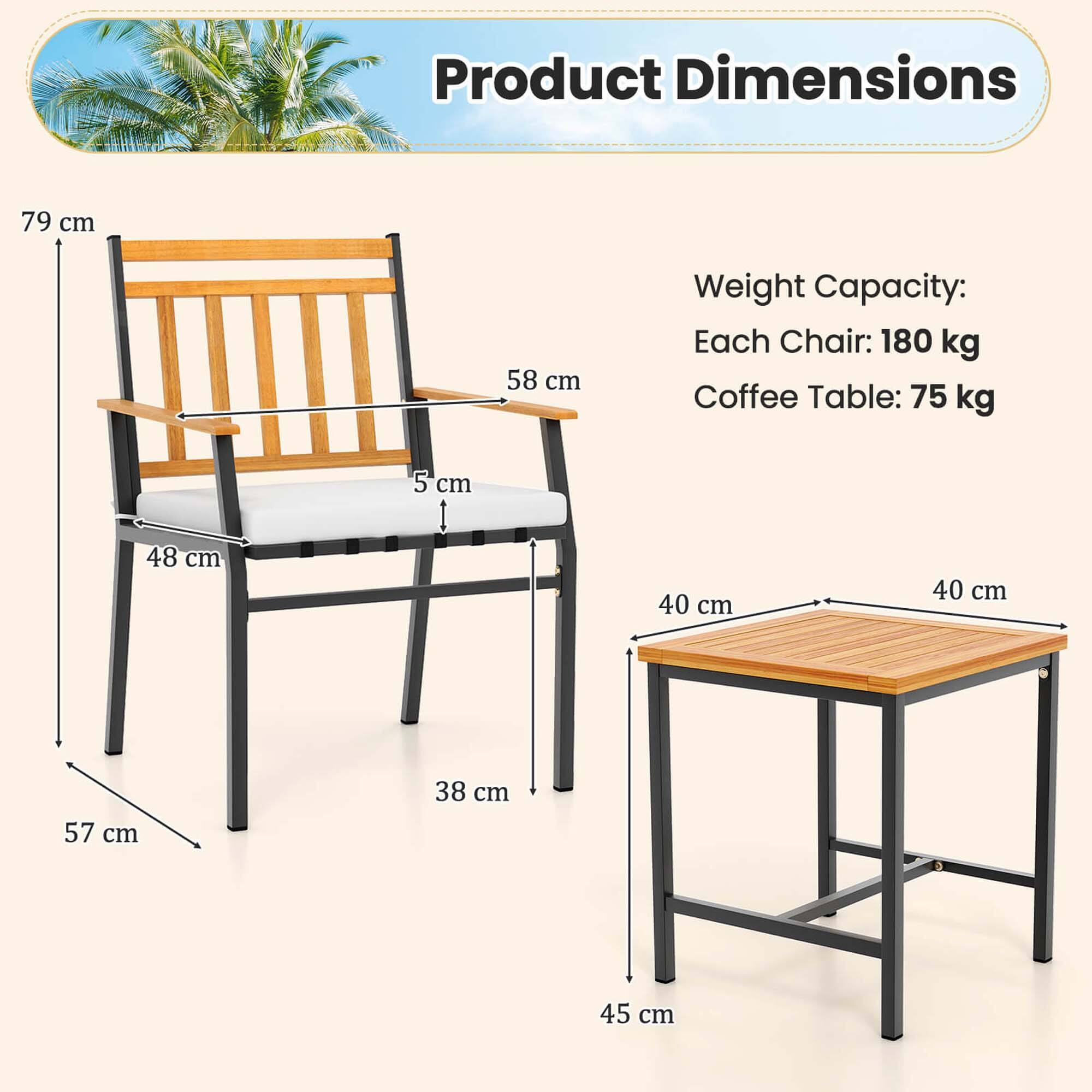 Product Dimensions: 79 cm, 58 cm, 5 cm, 48 cm, 40 cm, 40 cm, 57 cm, 38 cm, 45 cm

Weight Capacity: Each Chair: 180 kg, Coffee Table: 75 kg